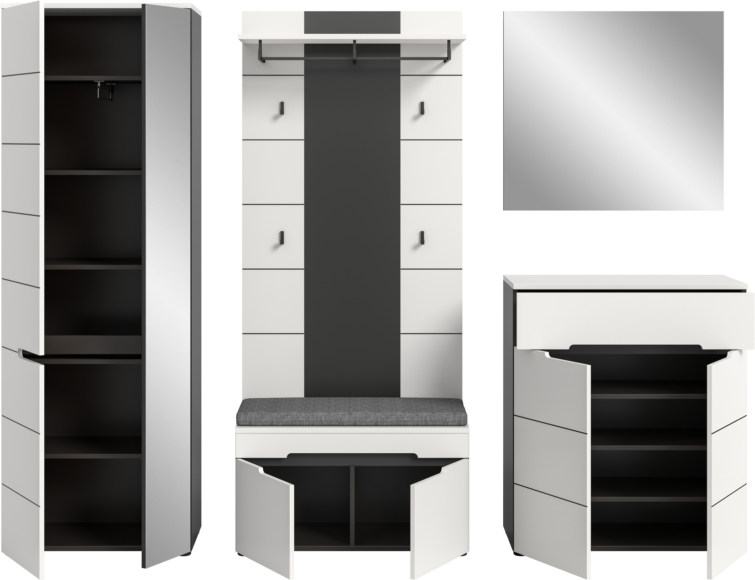 Home affaire Garderoben-Set »REHAT, TOPSELLER!, 5-teilig, Breite 255 cm, individuell erweiterbar« Set, bestehend aus: Schrank, Sitzbank, Sitzkissen, Paneel, Spiegel, Kommode, 6 Stk. tlg.
