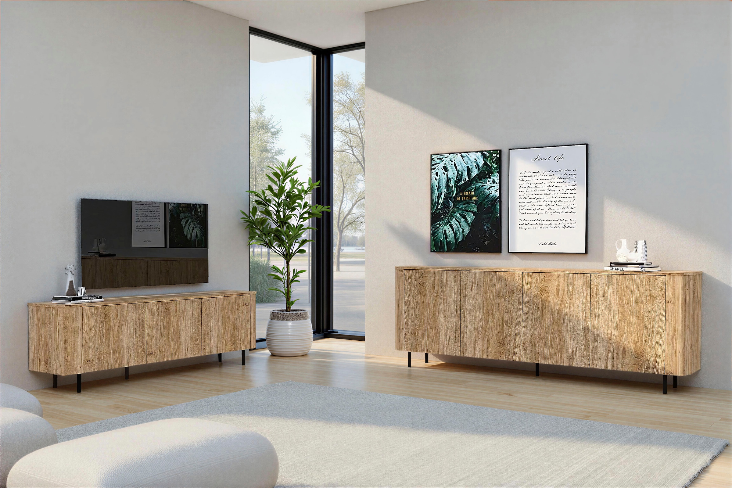 Home affaire Sideboard »Murano, 231 cm breit, 4 Türen, Anrichte, Kommode, Stauraumschrank« Formgebogenes MDF, Stirnseiten mit Rundung, Füsse und Griffe aus Metall