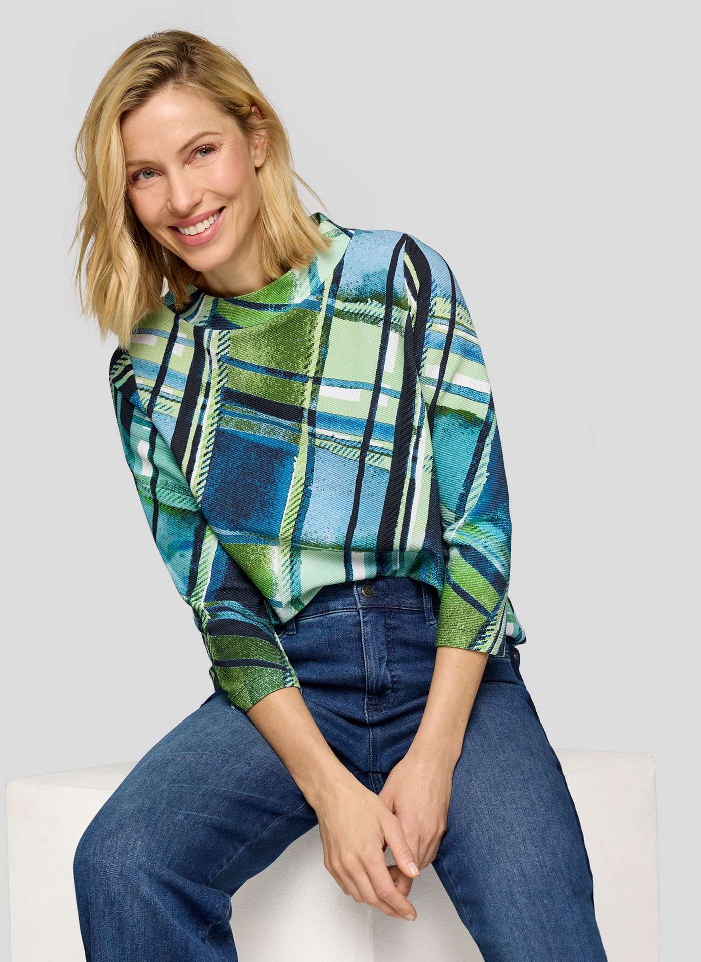 Rabe T-shirt à manches 3/4 mit grafischem Muster und Stehkragen