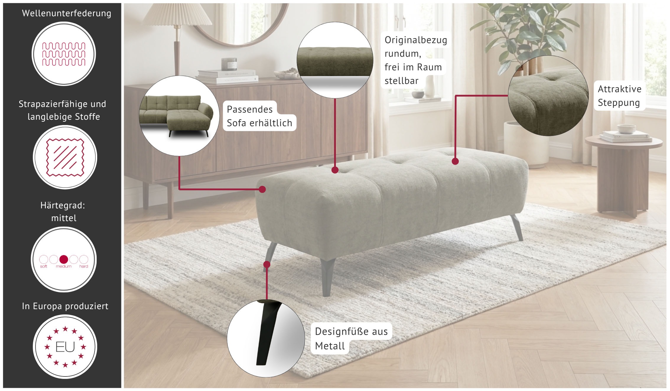 GOODproduct Tabouret »Viborg« Pouf rembourré Viborg assorti au canapé, largeur 121 cm