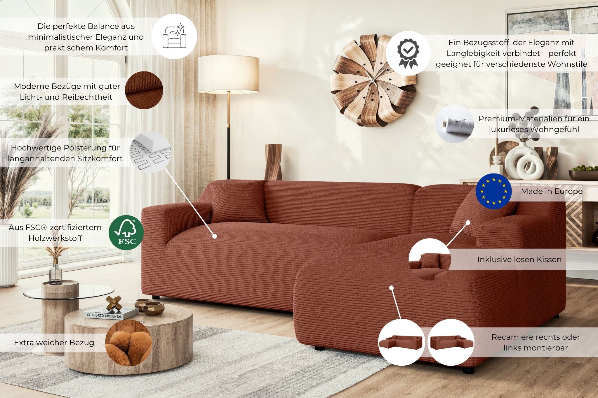 Home affaire Ecksofa »LILLIANA Designsofa, L-Form mit Recamiere rechts/links bestellbar« L-Form mit Wellenunterfederung, Masse B/T/H: 256/160/76 cm