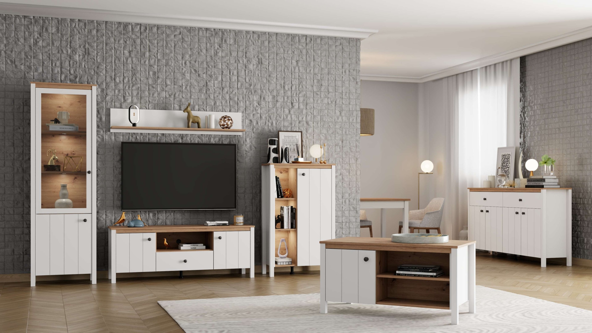 Home affaire Vitrines »BEDFORD Vitrinenschrank, Glasschrank, Standvitrine, Highboard« Profil MDF 2D revêtu, estampage à chaud, chants ABS 1 mm, 4 tablettes