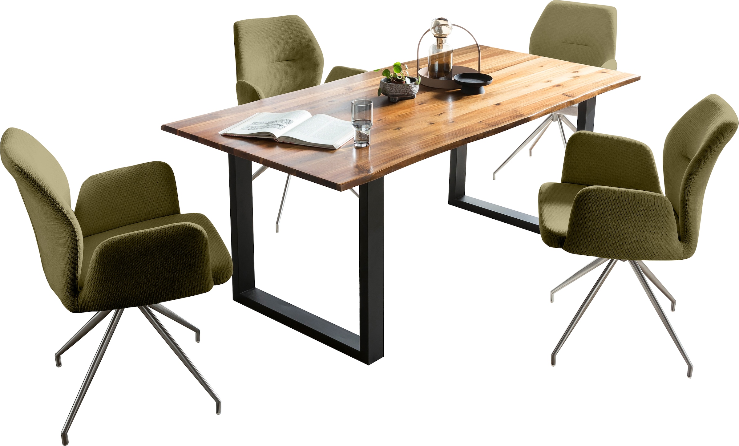 SalesFever Essgruppe »Stilvolle Tischgruppe« Set, 5 Stk. tlg. 5-teiliges Set: Tischplatte mit Baumkante, rostfreies Edelstahlgestell