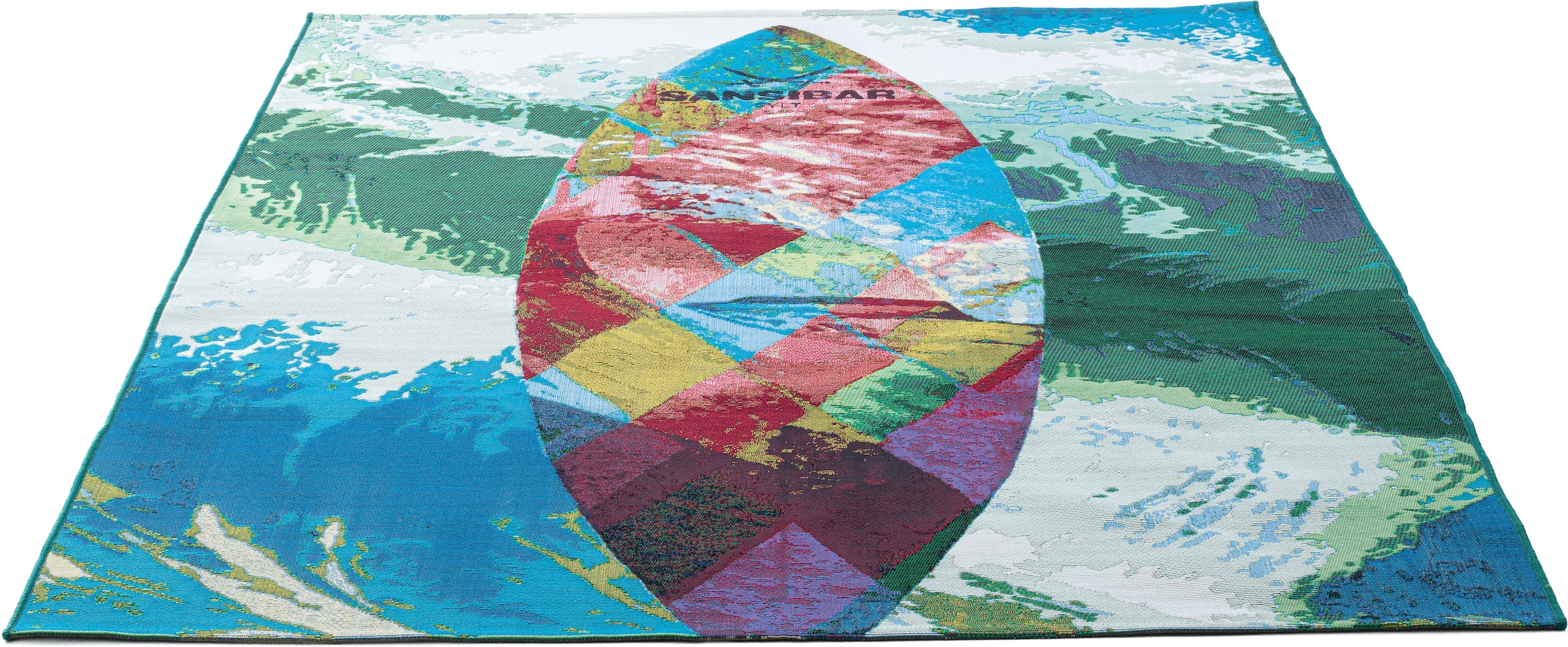 Sansibar Tapis »Rantum Beach SA-024« Rectangulaire 5 mm Höhe Tissu plat, design moderne, motif planche de surf, adapté intérieur & extérieur