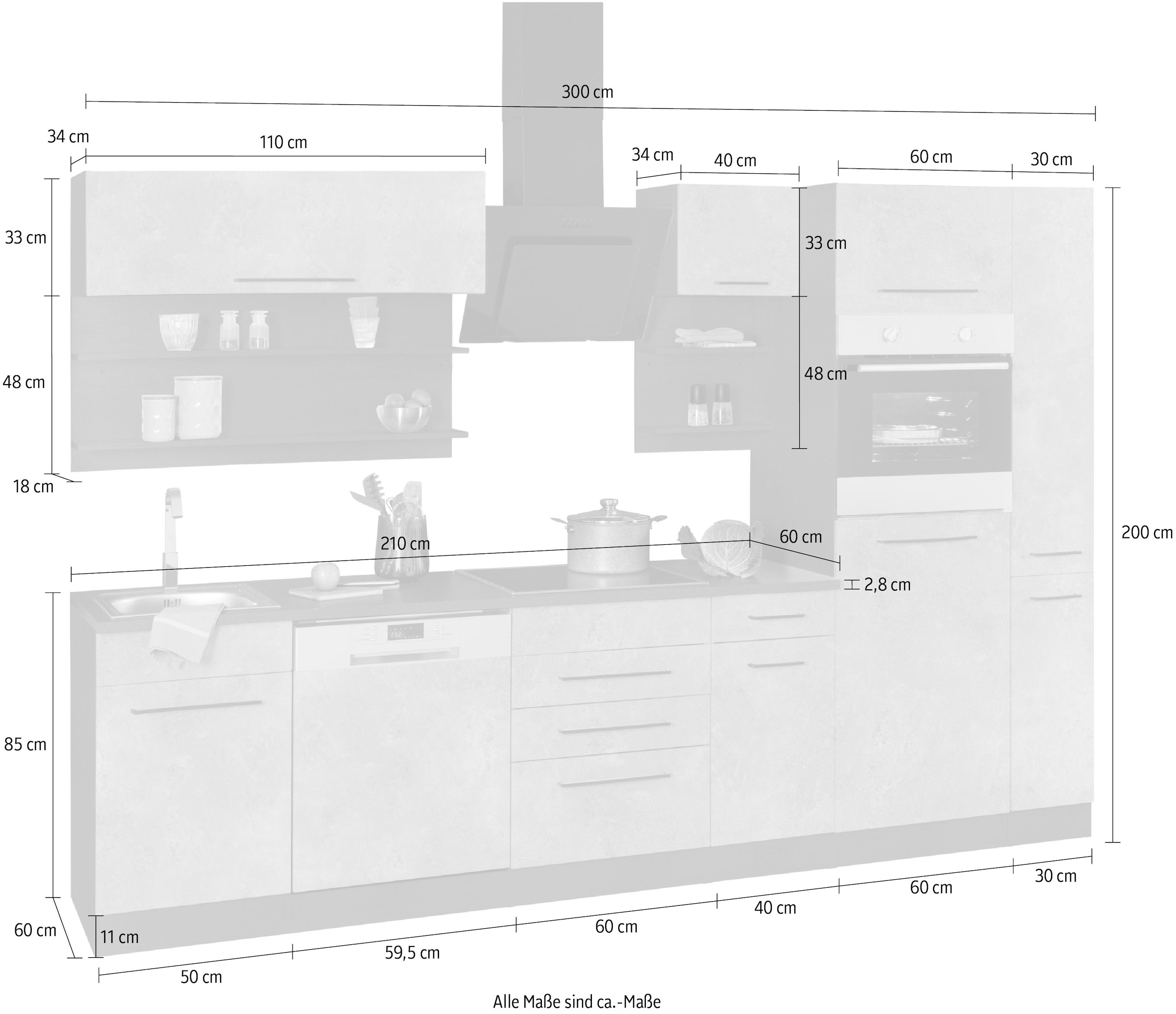 KOCHSTATION Kitchenette »KS-Tulsa« sans appareils électriques, largeur 300 cm, poignées métal noires, façades MDF