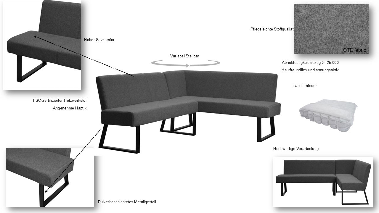 GOODproduct Banc d'angle »Gladiole,« Sitzbank, Esszimmerbank, Bank,  mit Taschenfederkern, schwarzes Metallgestell, Breite 190 cm
