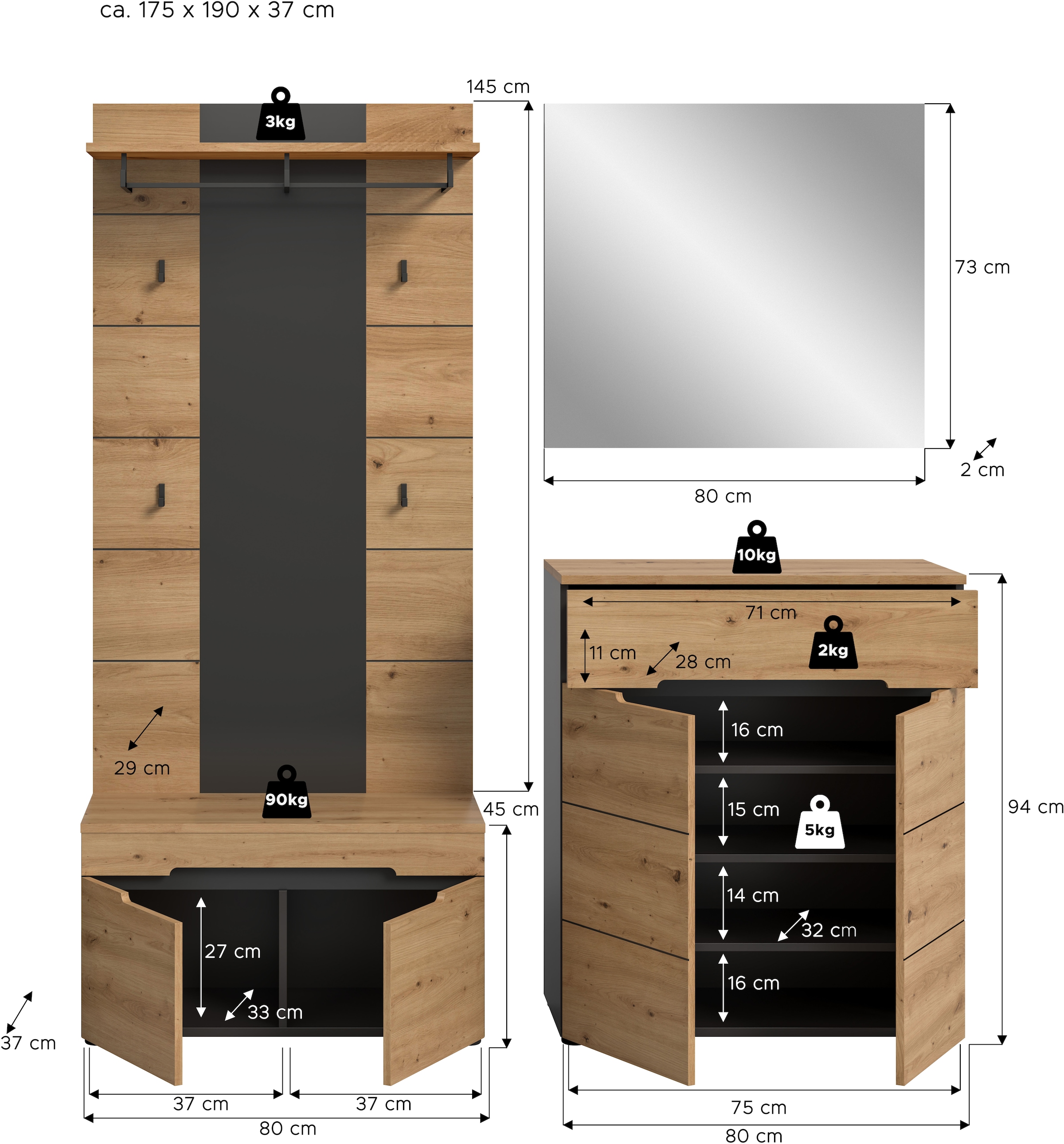 Home affaire Garderoben-Set »REHAT, TOPSELLER!, 4-teilig, Breite 175 cm, individuell erweiterbar« Set, bestehend aus: Sitzbank, Paneel, Spiegel und Kommode, 4 Stk. tlg.