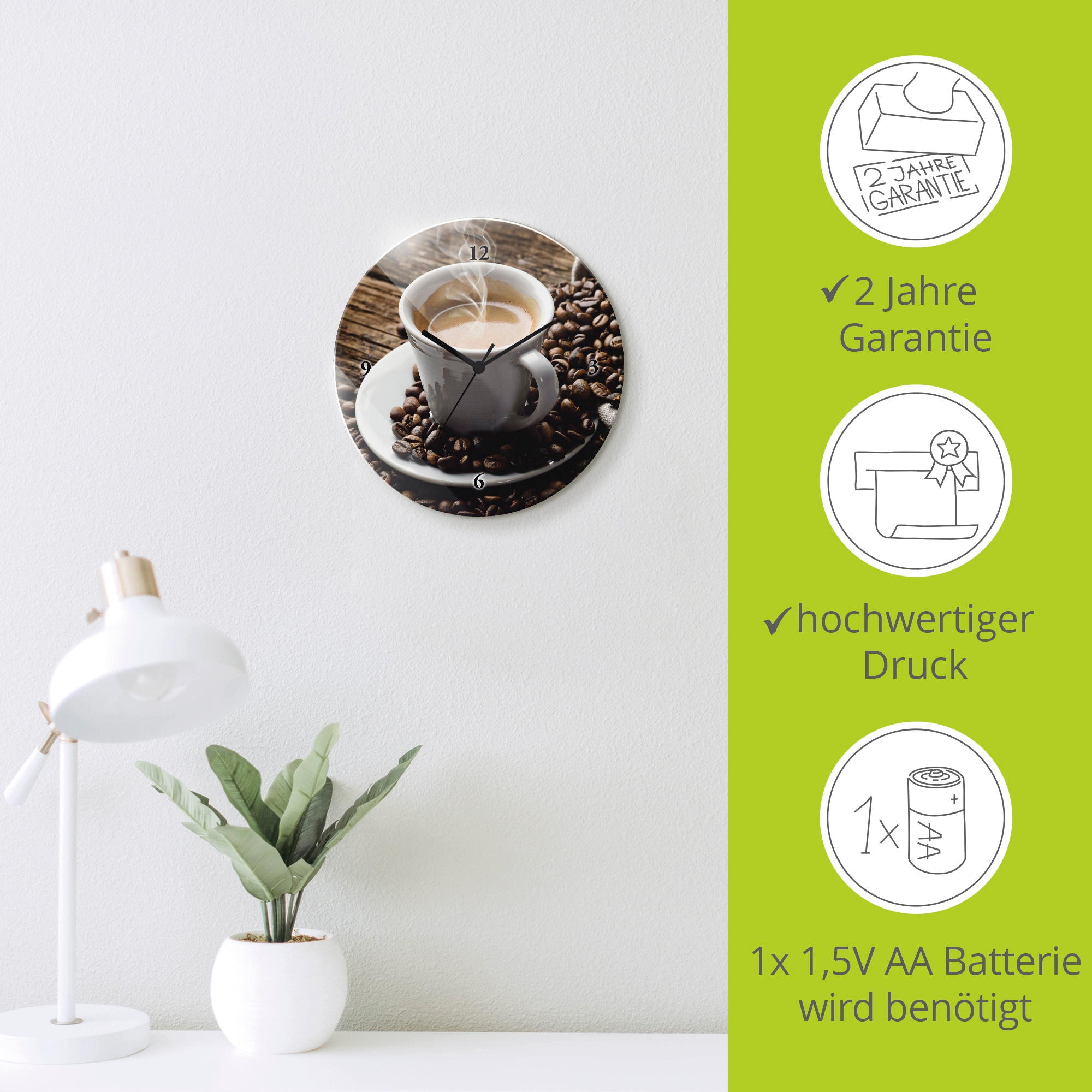 Artland Wanduhr »Heisser Kaffee - dampfender Kaffee« wahlweise mit  Quarz- oder Funkuhrwerk, lautlos ohne Tickgeräusche