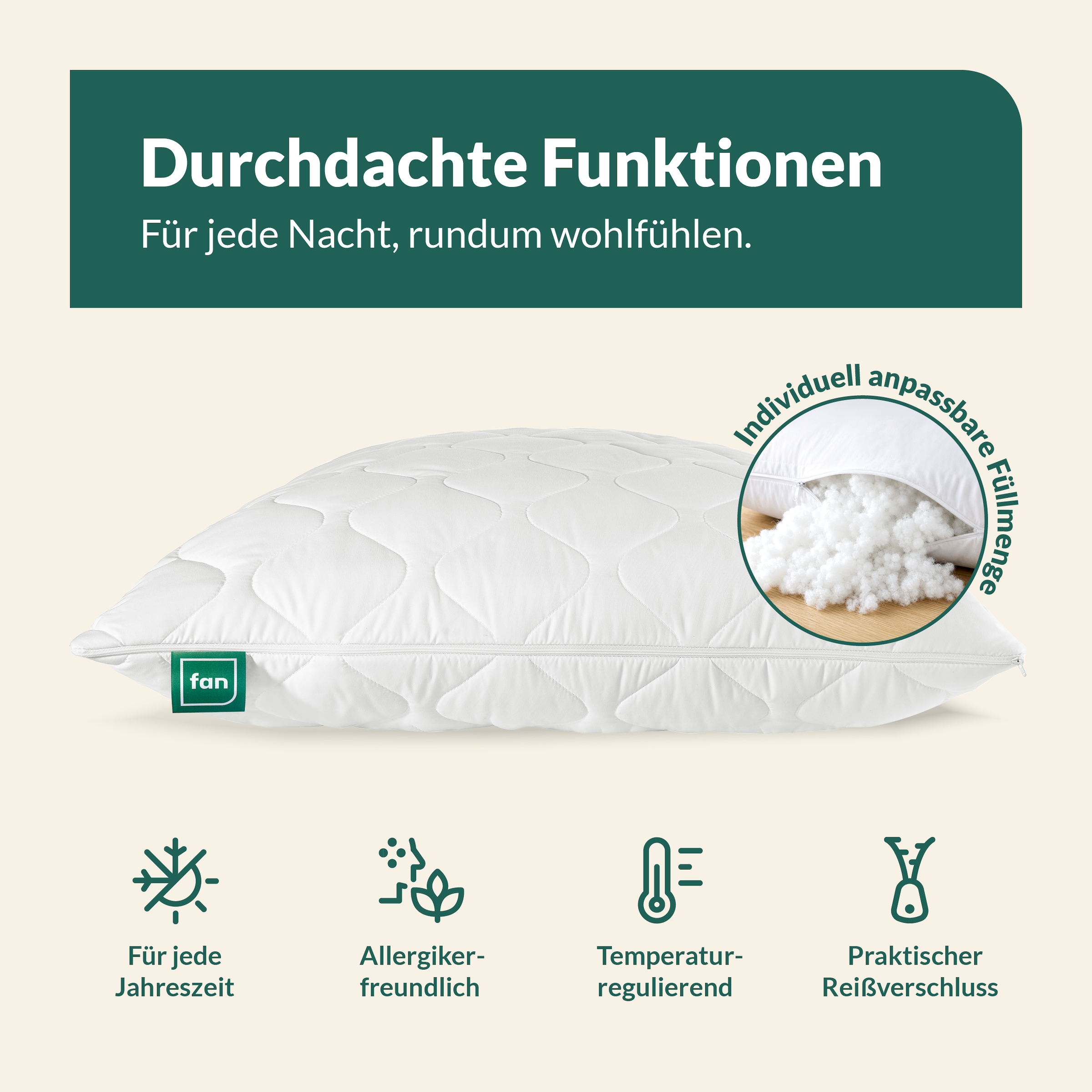 fan Microfaserkissen »Kansas, mit Baumwollbezug und Reissverschluss« Füllung: 100% Microfaser 1 Stk. tlg. in 40x80 oder 80x80 cm, Kopfkissen aus Microfaser, Made in Germany