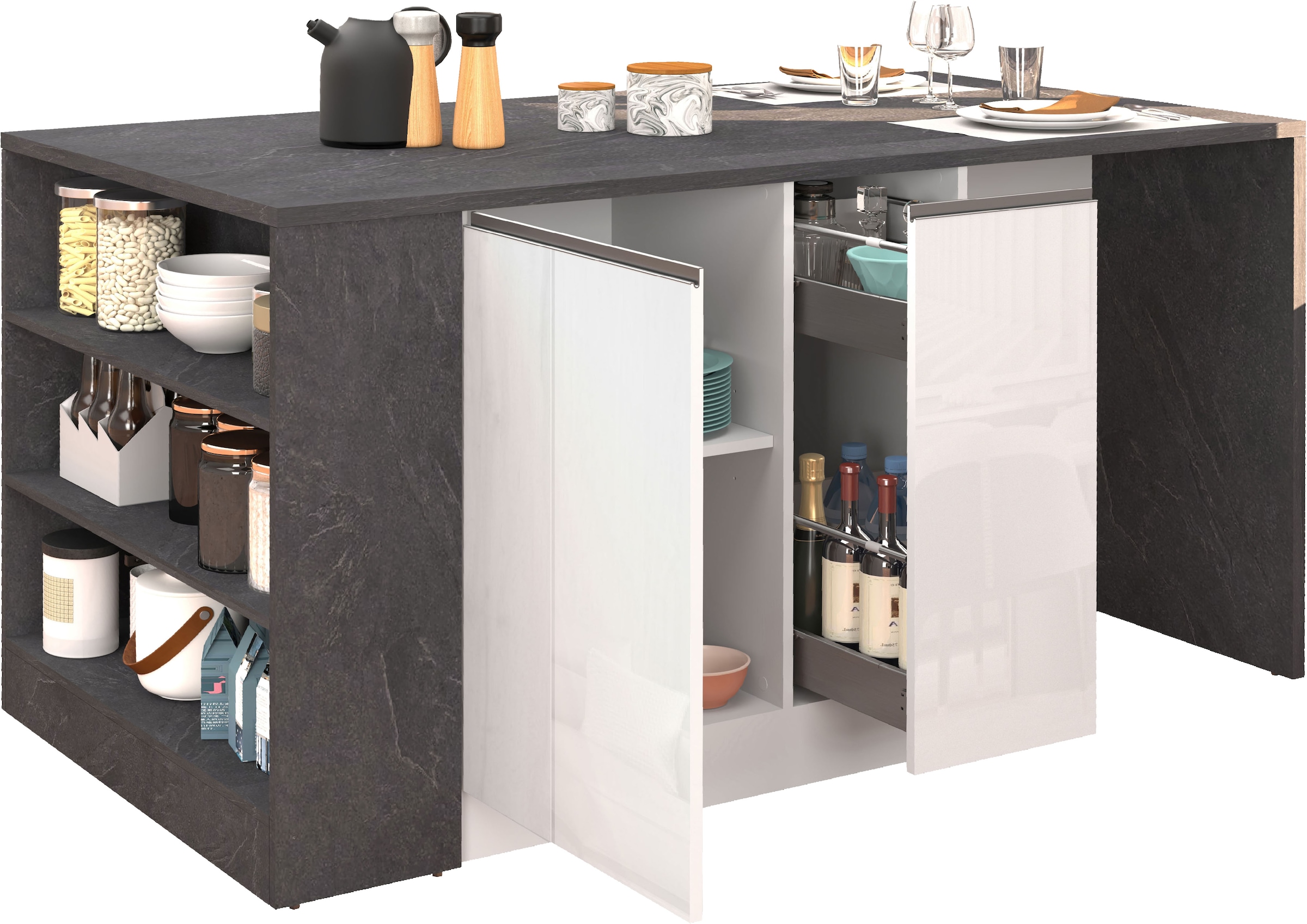 KOCHSTATION Ilot de cuisine »KS-Sole, Kochinsel, Küchenarbeitsblock, Arbeitsinsel, Made in Italy« Breite 167,5 cm, 2 Apothekerauszüge, 2 Essplätze, 1 offenes Regal