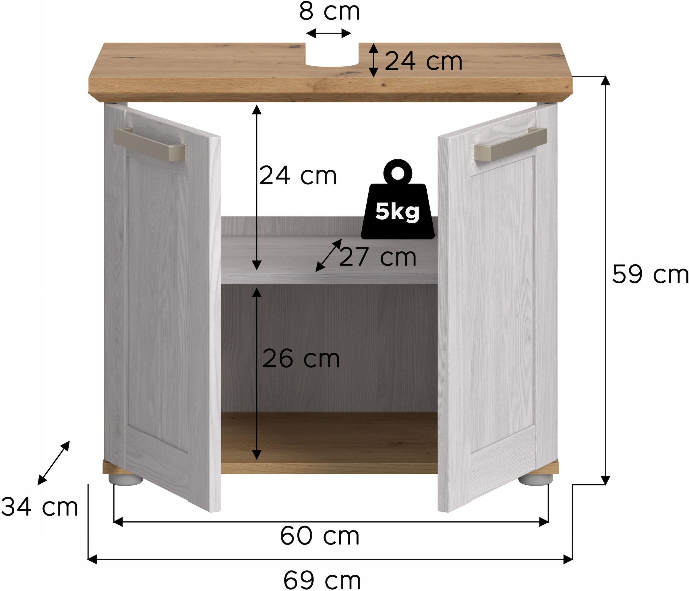 welltime Armoire sous lavabo »COSENZA, Breite 69cm, 2 Türen, 1 Einlegeboden, mit Siphonausschnitt« in Landhausoptik, mit weiteren Artikel der Serie kombinierbar, 1 cuis tlg. Waschbeckenunterschrank, WBU, Bad, Badezimmer