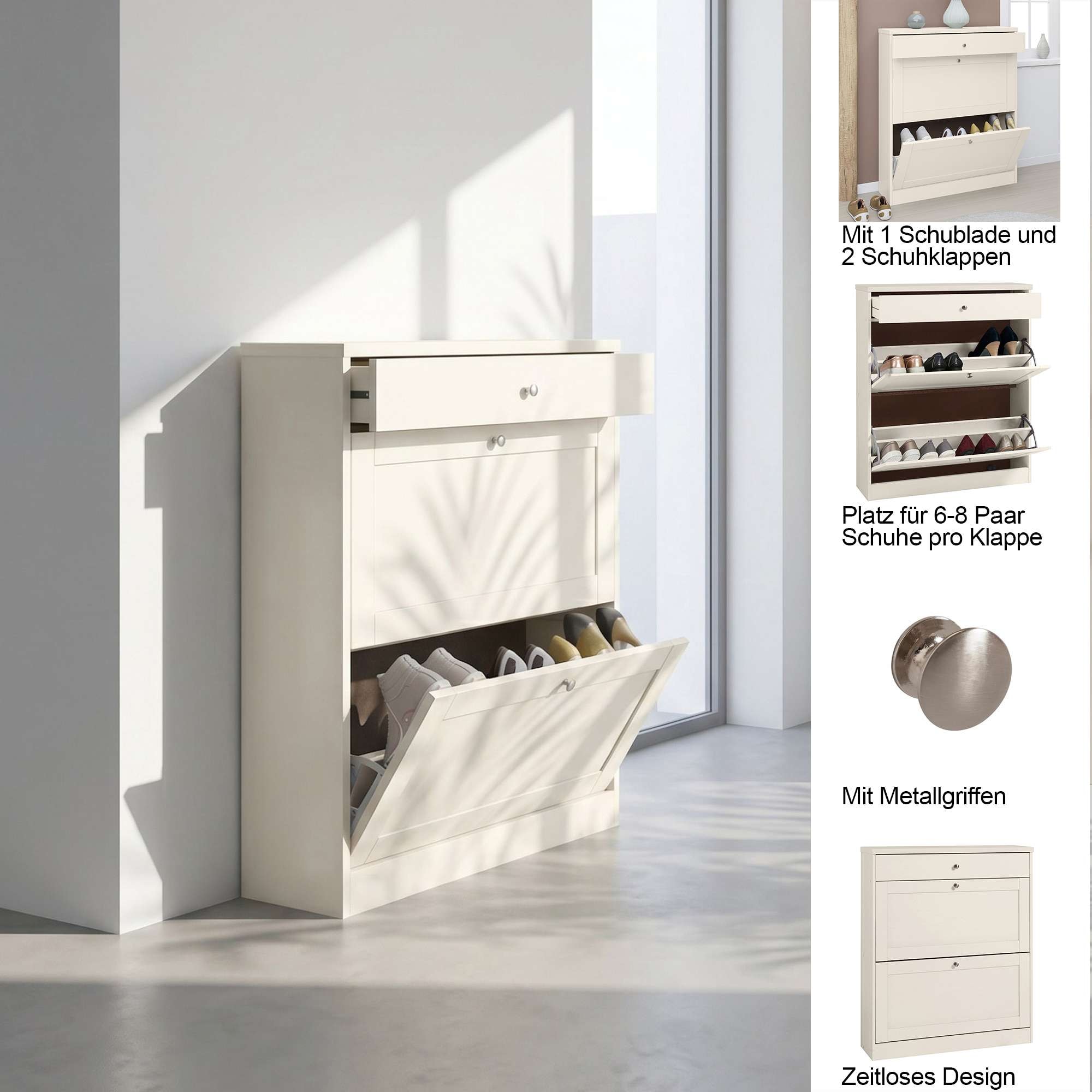 GOODproduct Armoire à chaussures »Heide« Largeur 90cm, avec tiroir, 2 abattants et façade facettée, hauteur 103cm