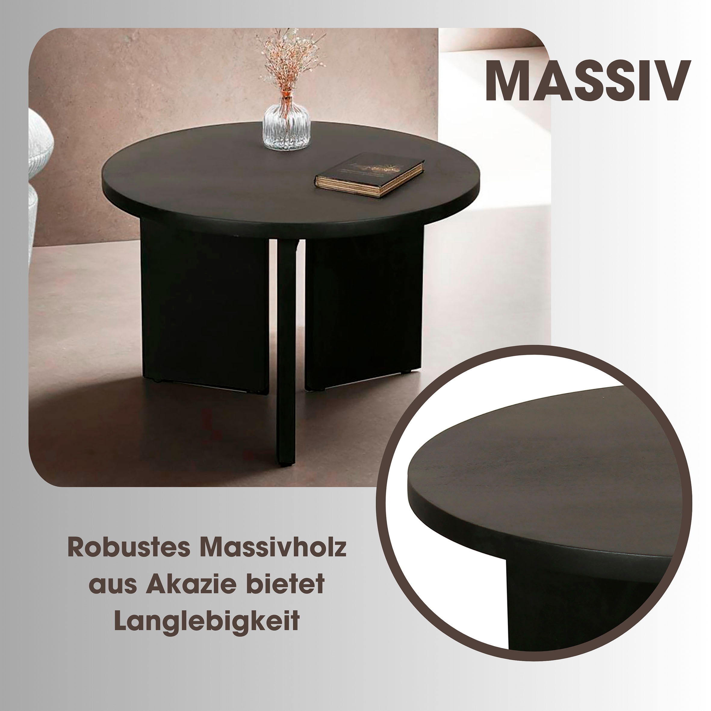 byLIVING Couchtisch »Round« 1 Stk. tlg. aus 2,5cm starkem Massivholz schwarz, einzeln oder im Set stellbar