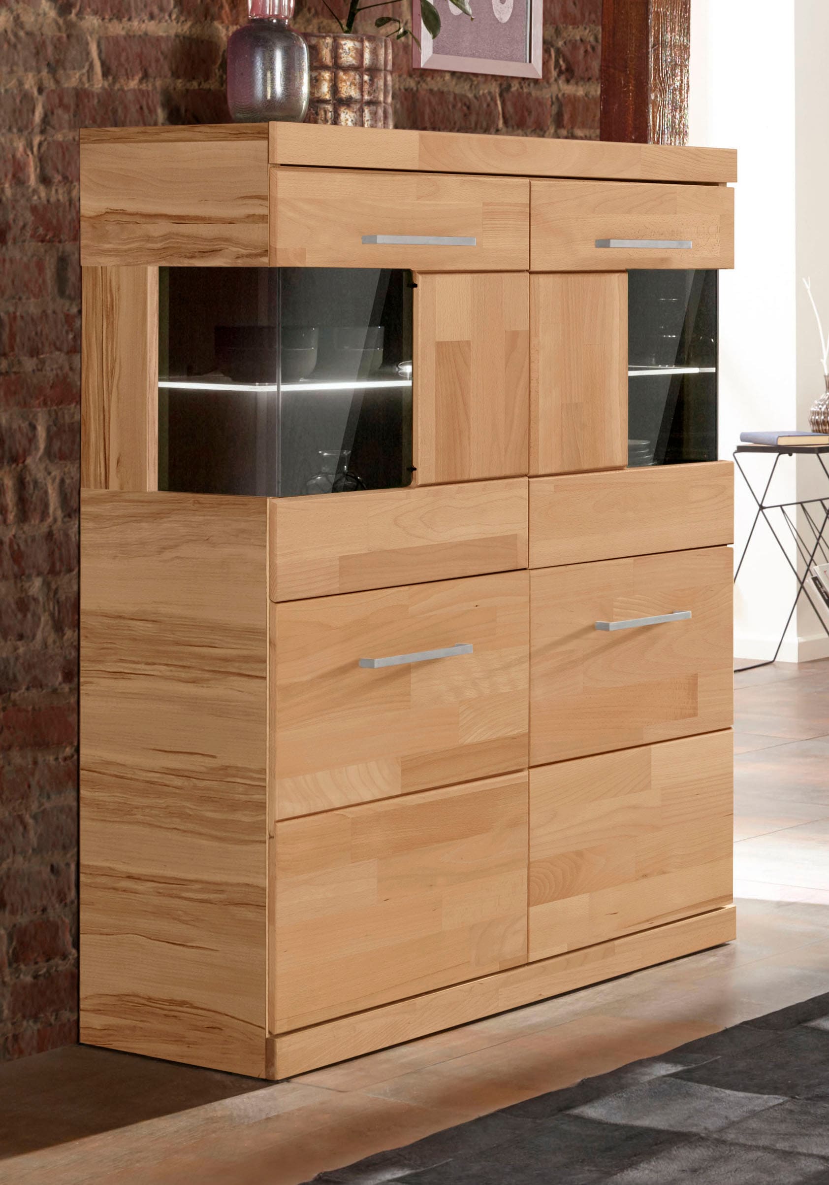 GOODproduct Highboard »Ribe,85cm breit,115cm hoch, Fronten Massivholz,4 breite Fächer« Korpus Holzwerkstoff,2Türen mit  Glaseinsatz, Böden versetzbar