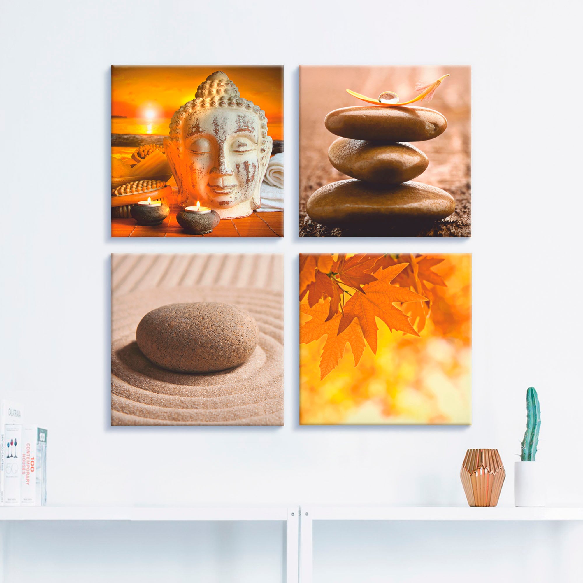 Artland Tableau sur toile »Buddha-Statue  Zen Garten Massagesteine« 4 cuis tlg. 4er Set, verschiedene Grössen