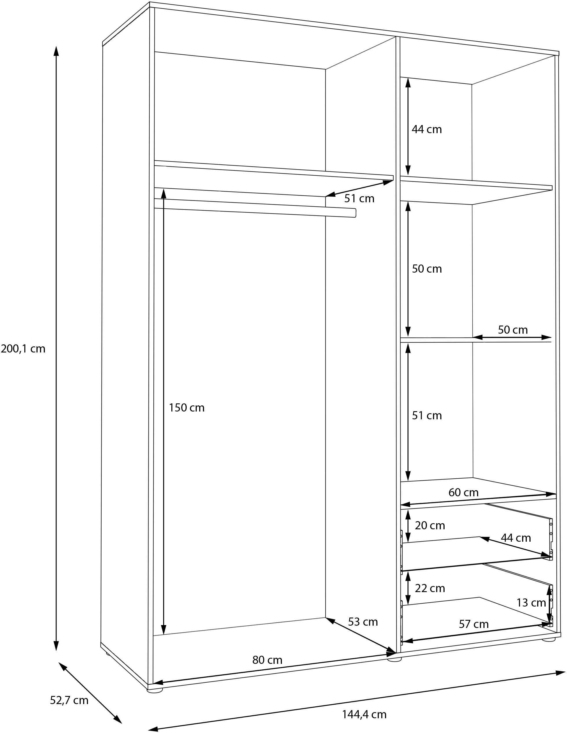 GOODproduct Kleiderschrank »AALOX, Spiegel, 3 Türen, 2 Schubladen, viel Stauraum, schwarze Griffe« Schrank ca. 140 bis 150 cm breit, schwarze Griffe, zeitloses Design