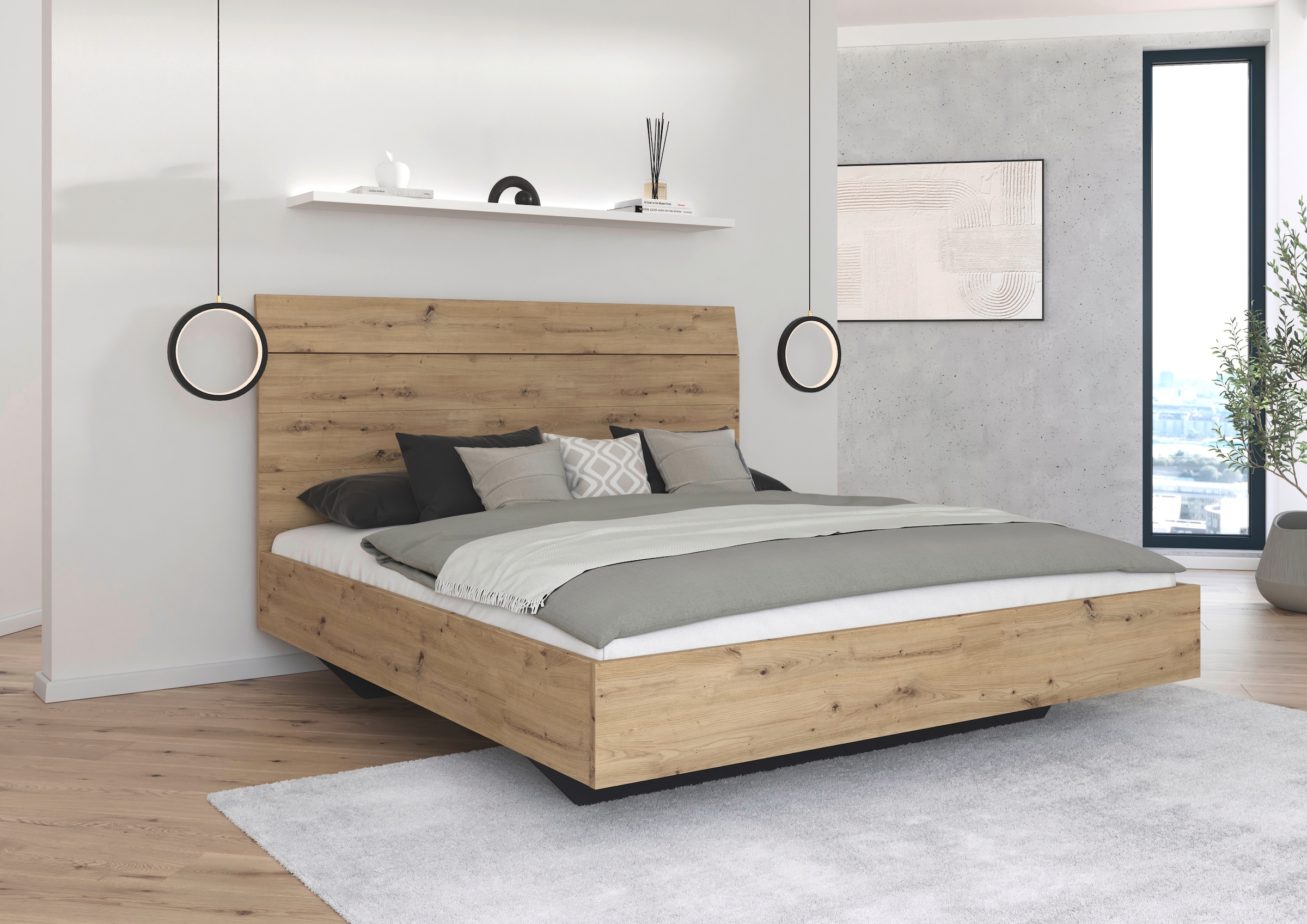 GOODproduct Lit futon »Bett Doppelbett Holzbett AGORDO« 180x200 cm,  avec dossier haut et effet flottant FABRIQUÉ EN ALLEMAGNE