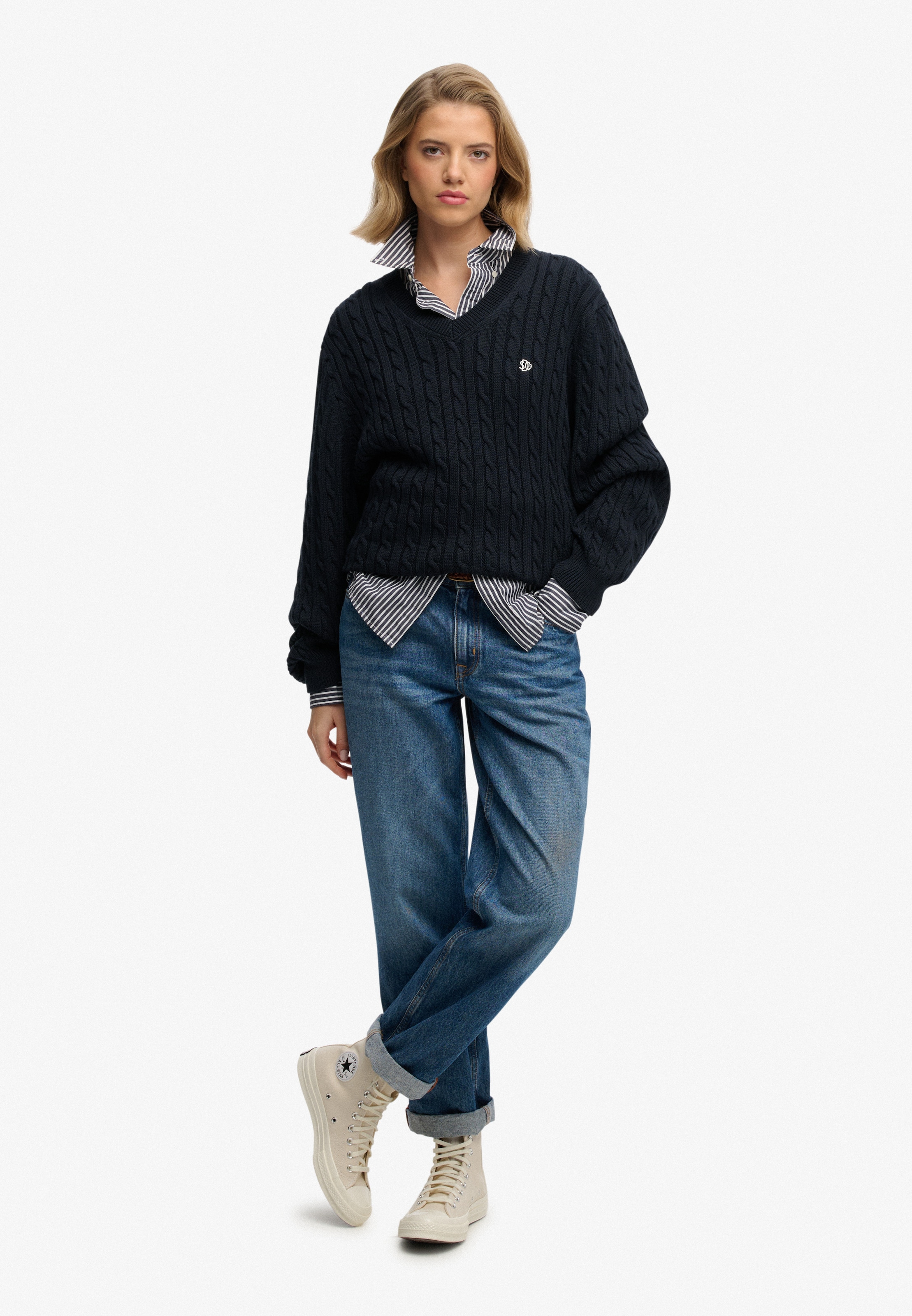 Superdry Pull col V »OVERSIZED CABLE V NECK JUMPER« coton, coupe oversize