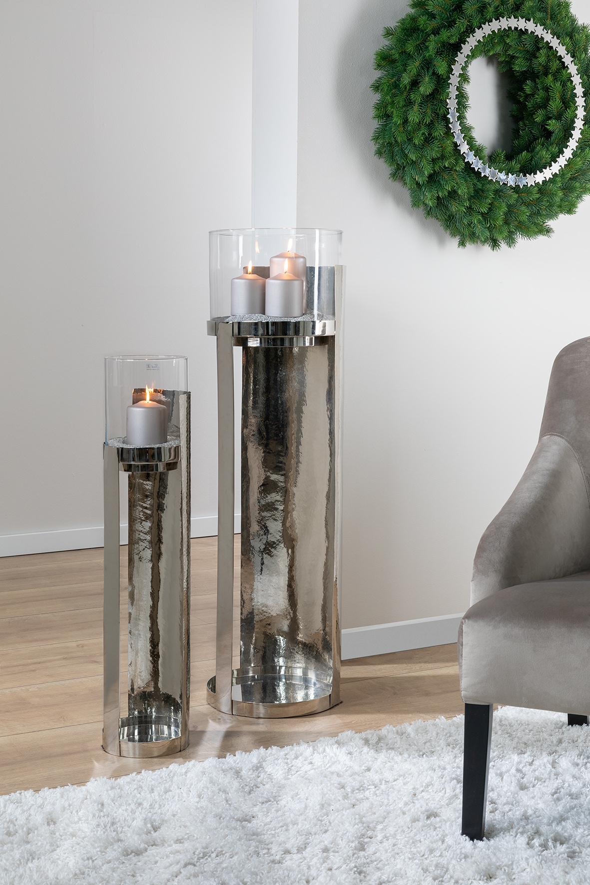 Fink Photophore »MANIAC« Bougeoir, colonne en acier inoxydable, avec cylindre en verre
