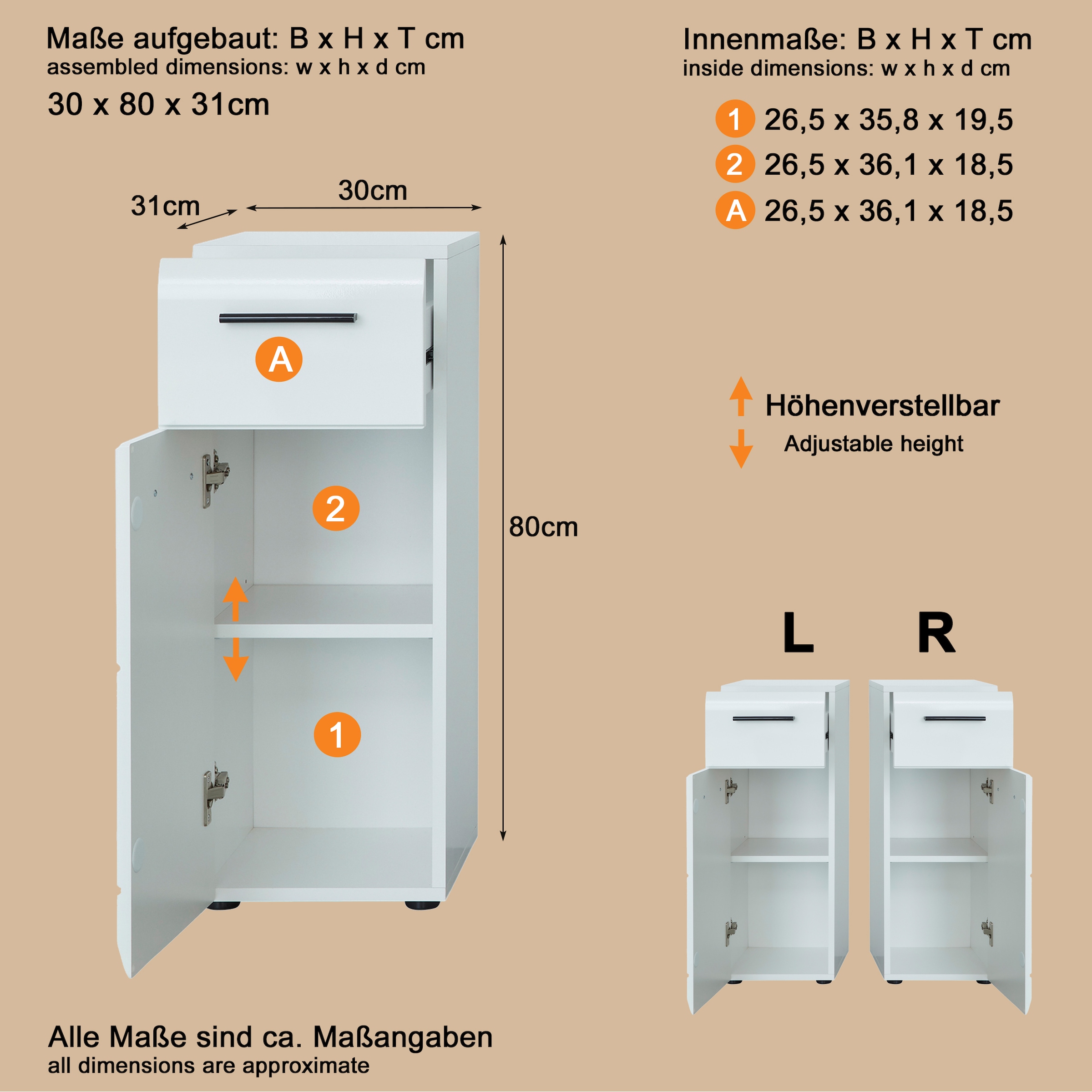 welltime Unterschrank »Sovana« Kommode mit 1 Tür & 1 Schublade - (B/T/H) 30/31/79 cm