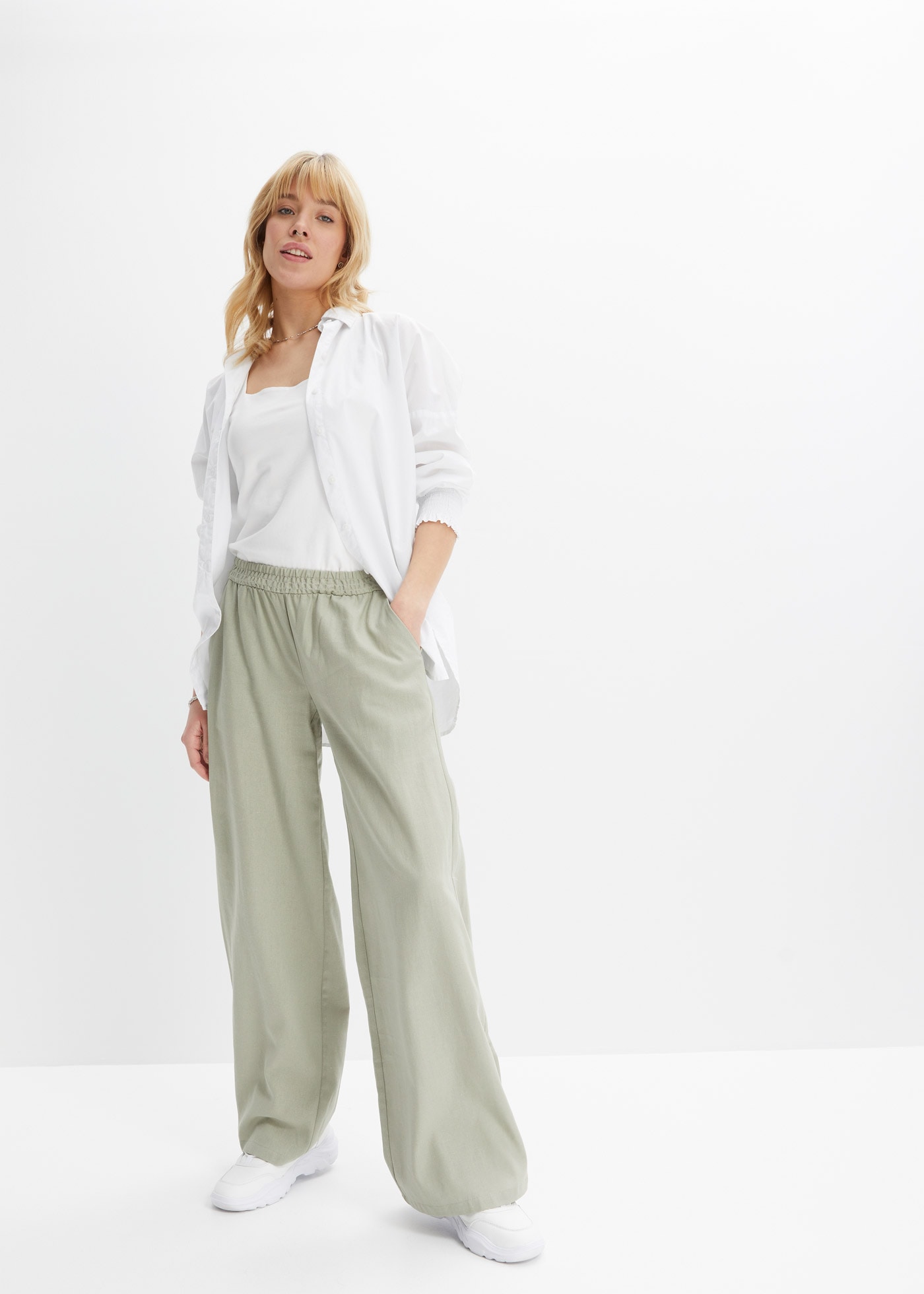 bonprix Pantalon palazzo  aus Leinen und Viskose, Loose Fit Passform, mit Smock-Bund