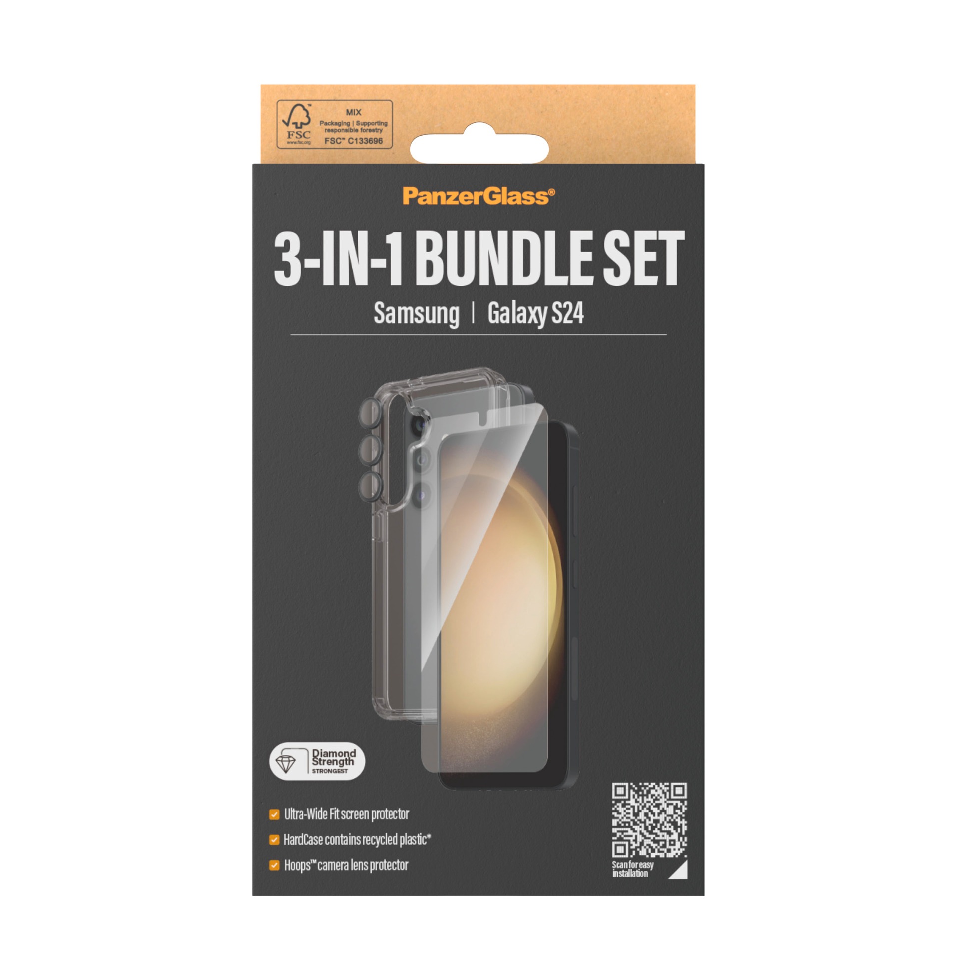 PanzerGlass Displayschutzglas »3-in-1 Bundle Set Screen Protector, HardCase, Hoops« für Samsung Galaxy S24 Displayschutzfolie, Schutzfolie, Bildschirmschutz, kratz- & stossfest