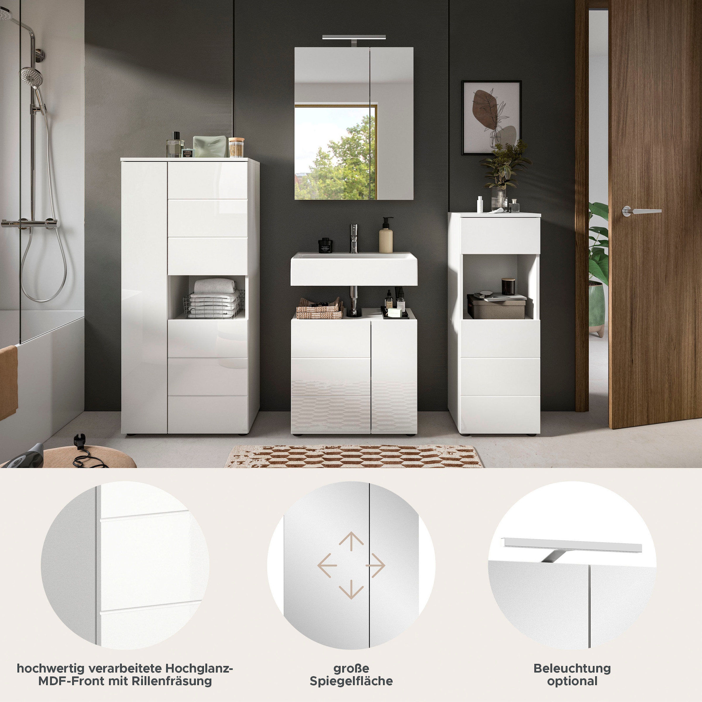 welltime Ensemble de meubles de salle de bain »Biel, Höhe 190 cm,Hochschrank,WBU, Spiegelschrank, Unterschrank, Lampe« 5 cuis tlg.