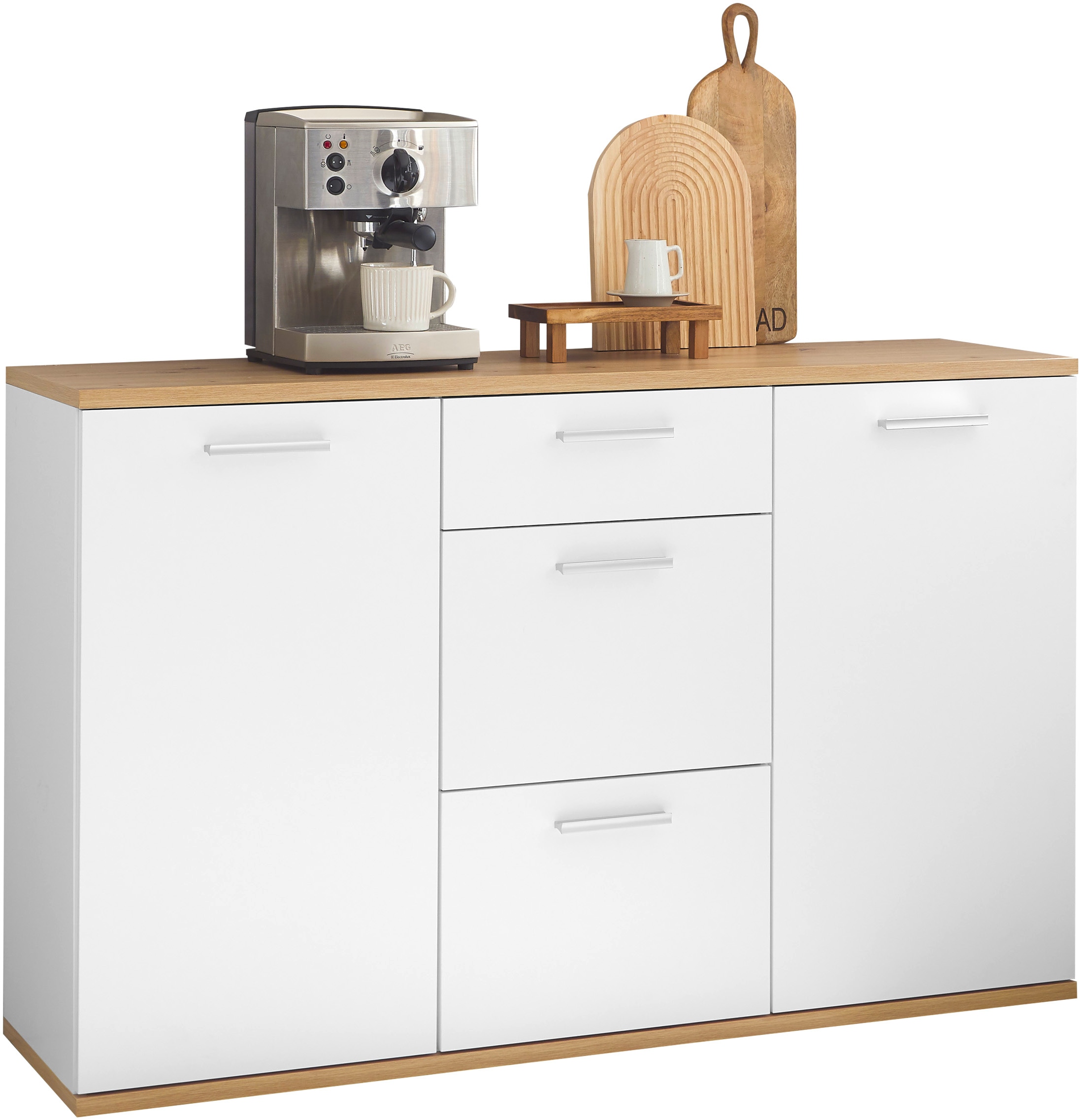 HBZ Kommode »BC1035 weiss matt, BxHxT 135x86x38 cm« Kommode mit 2 Türen, 3 Schubkästen, 2 Einlegeböden
