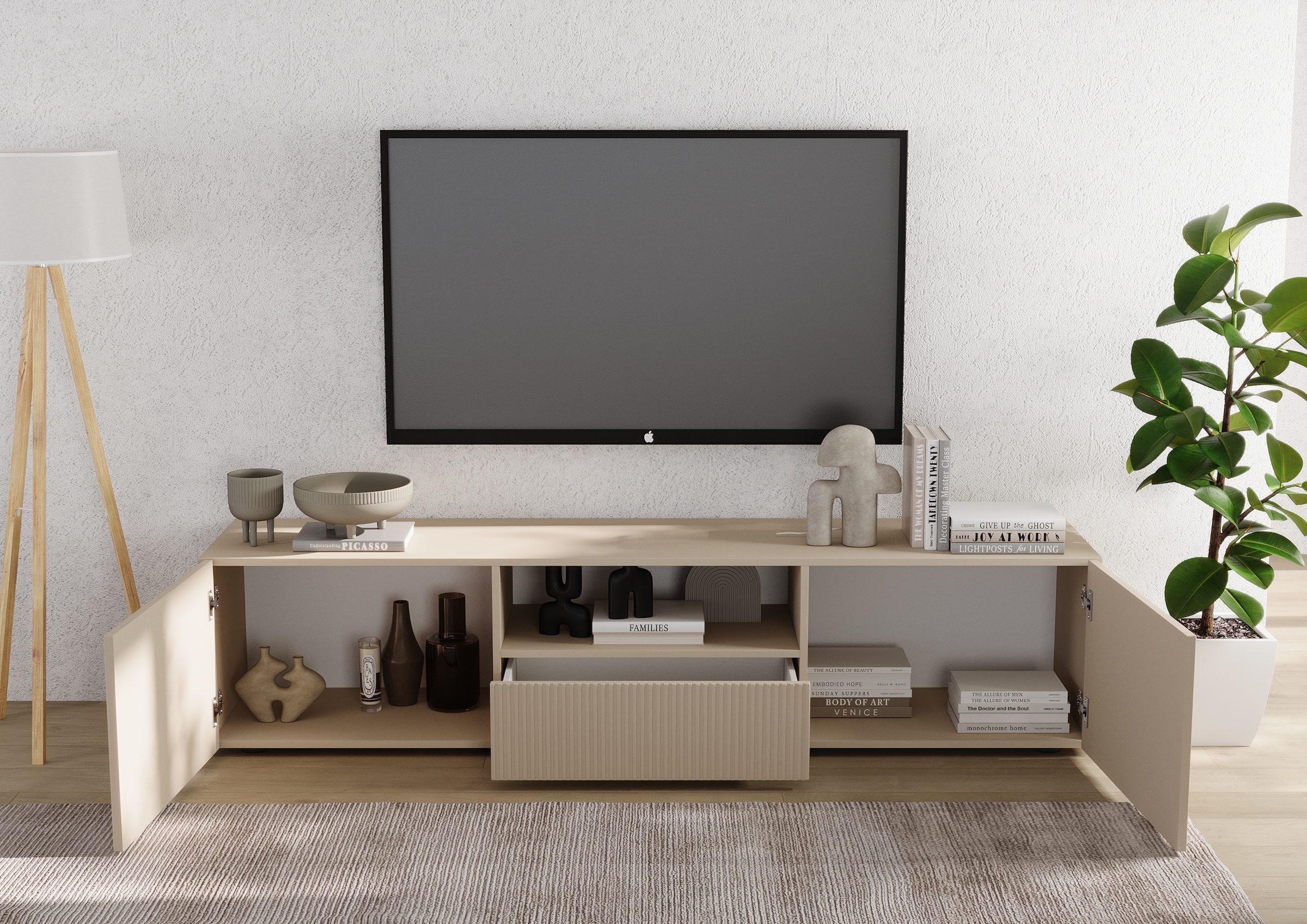 Home affaire Table basse »Rio Breite 181 cm, TV-Board 2 Türen u. 1 Schubkasten, TV-Schrank« geriffelte MDF-Fronten, modern u. elegant, Kabelführung, viel Stauraum