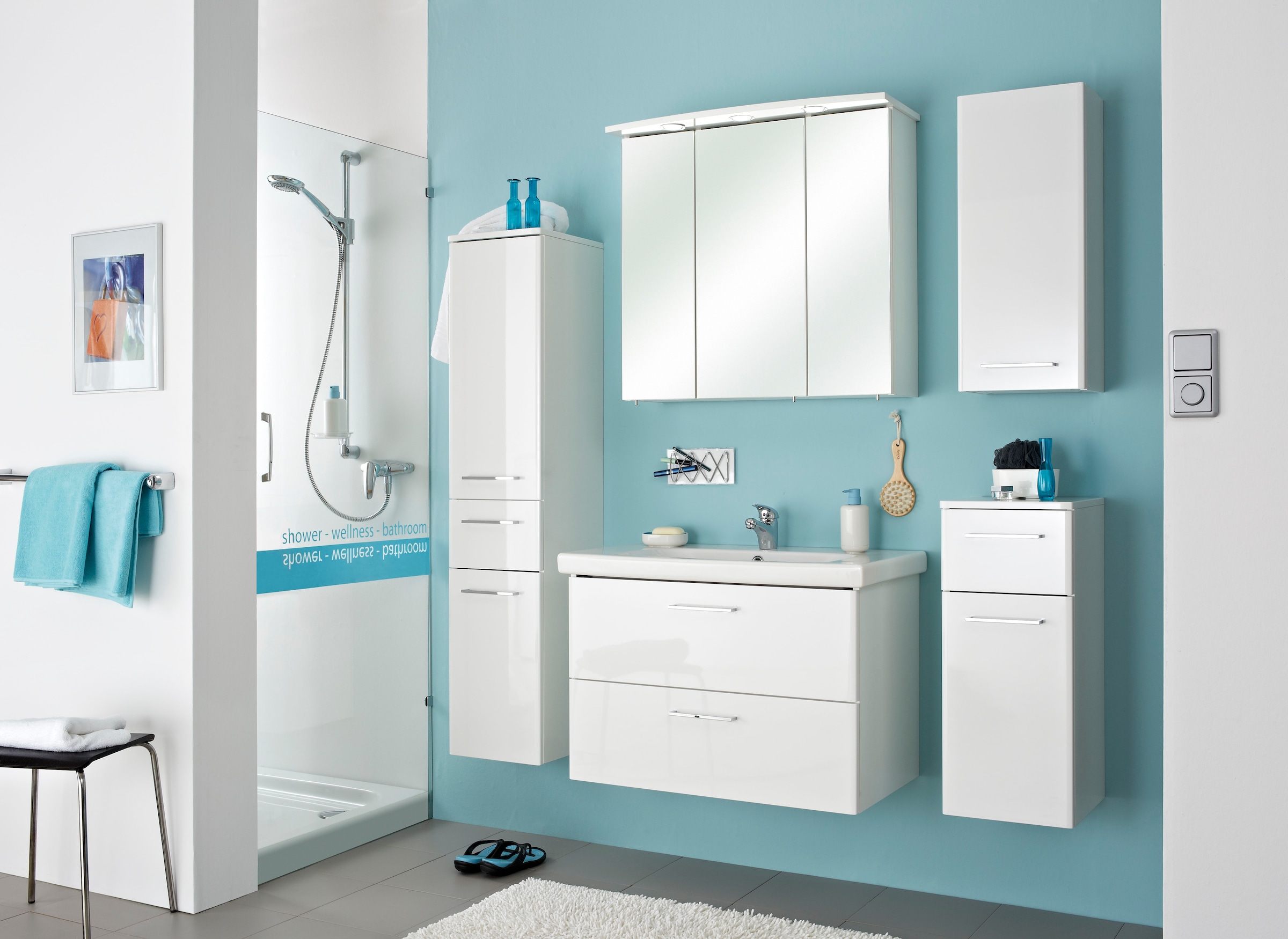Saphir Armoire intermédiaire »Quickset 316 Badschrank 30 cm breit, 2 Türen, 1 Schublade« Armoire de salle de bain midi avec amortisseur de porte, poignées chromées brillantes