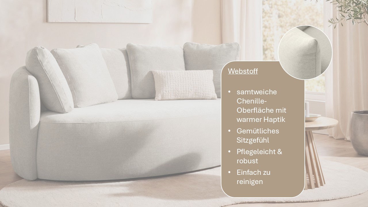 GOODproduct 2,5-Sitzer »Kaarl, rundes Loungesofa, Sofa mit Kissen, perfekt gepolstert« Webstoff, in fünf Farben, zeitloses Design, inkl. 5 Rückenkissen