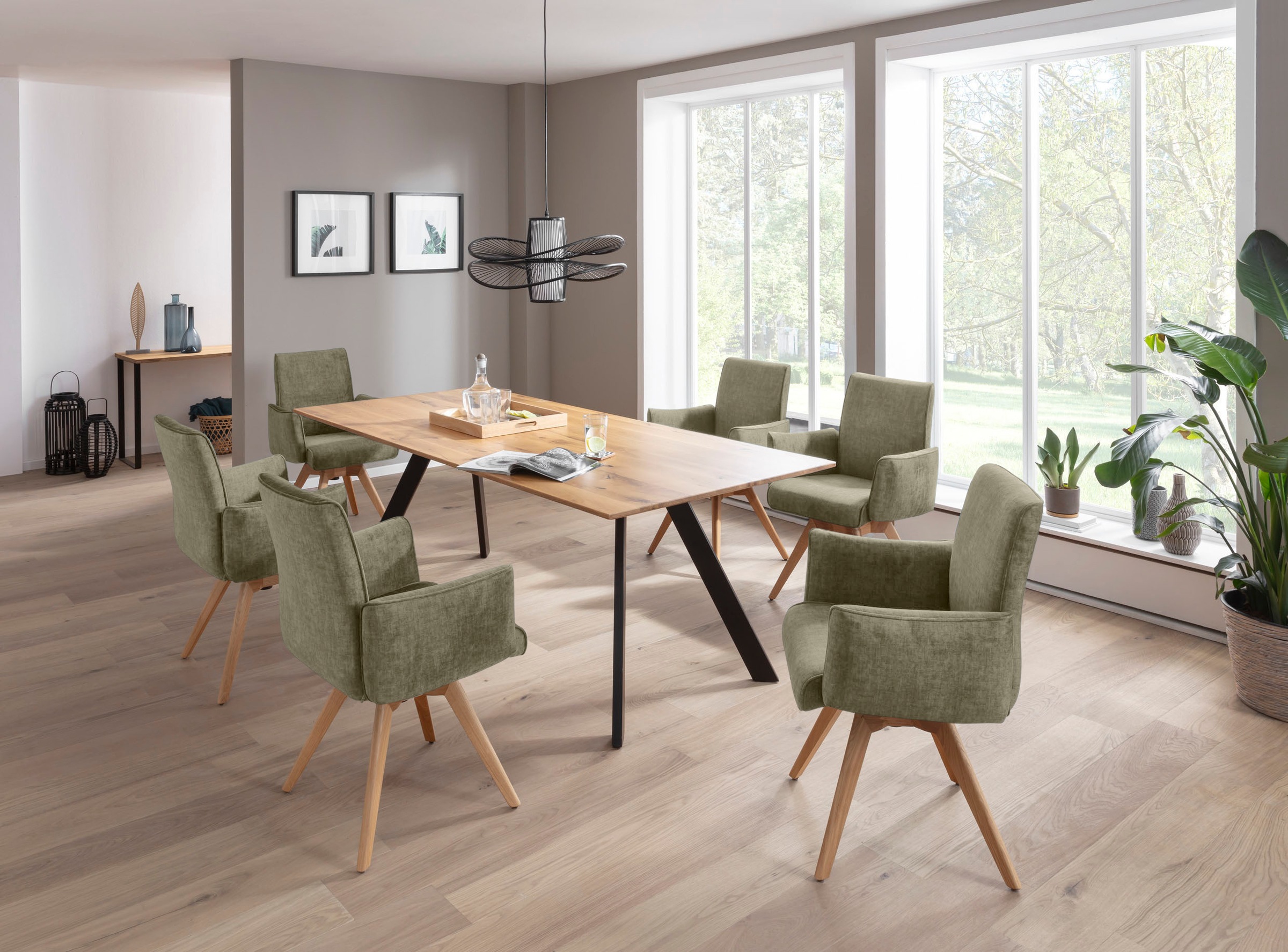 K+W Komfort & Wohnen Chaise de salle à manger »Drehstuhl, Polsterstuhl« () fauteuil avec accoudoirs, fonction pivotante 360°, piètement en bois massif