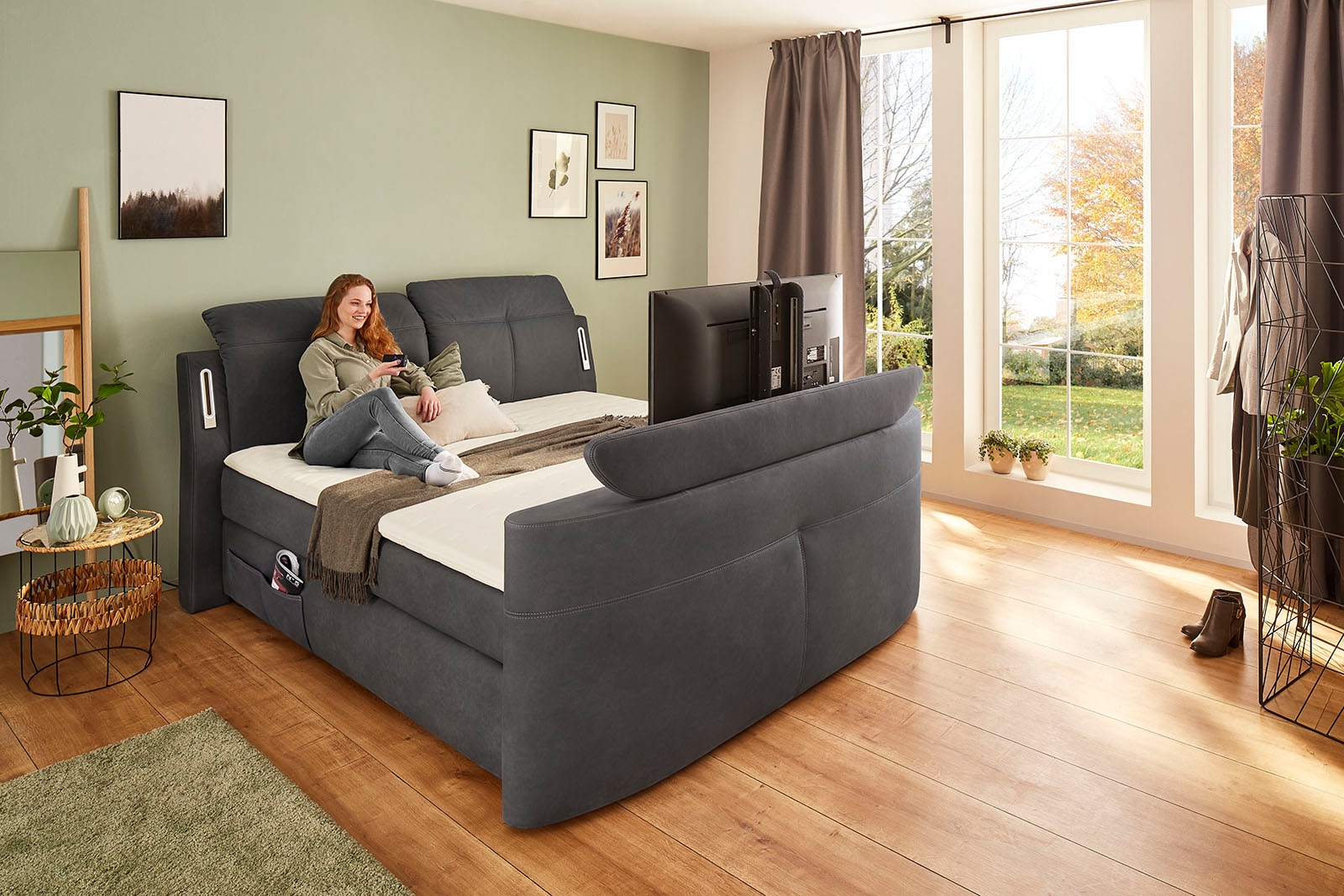 Jockenhöfer Gruppe Lit boxspring »MOVIESTAR, mit Taschenfederkernmatratze H3-H4, inkl. LED-Beleuchtung« revêtement en tissu structuré ou en microfibre au choix, 180x200cm