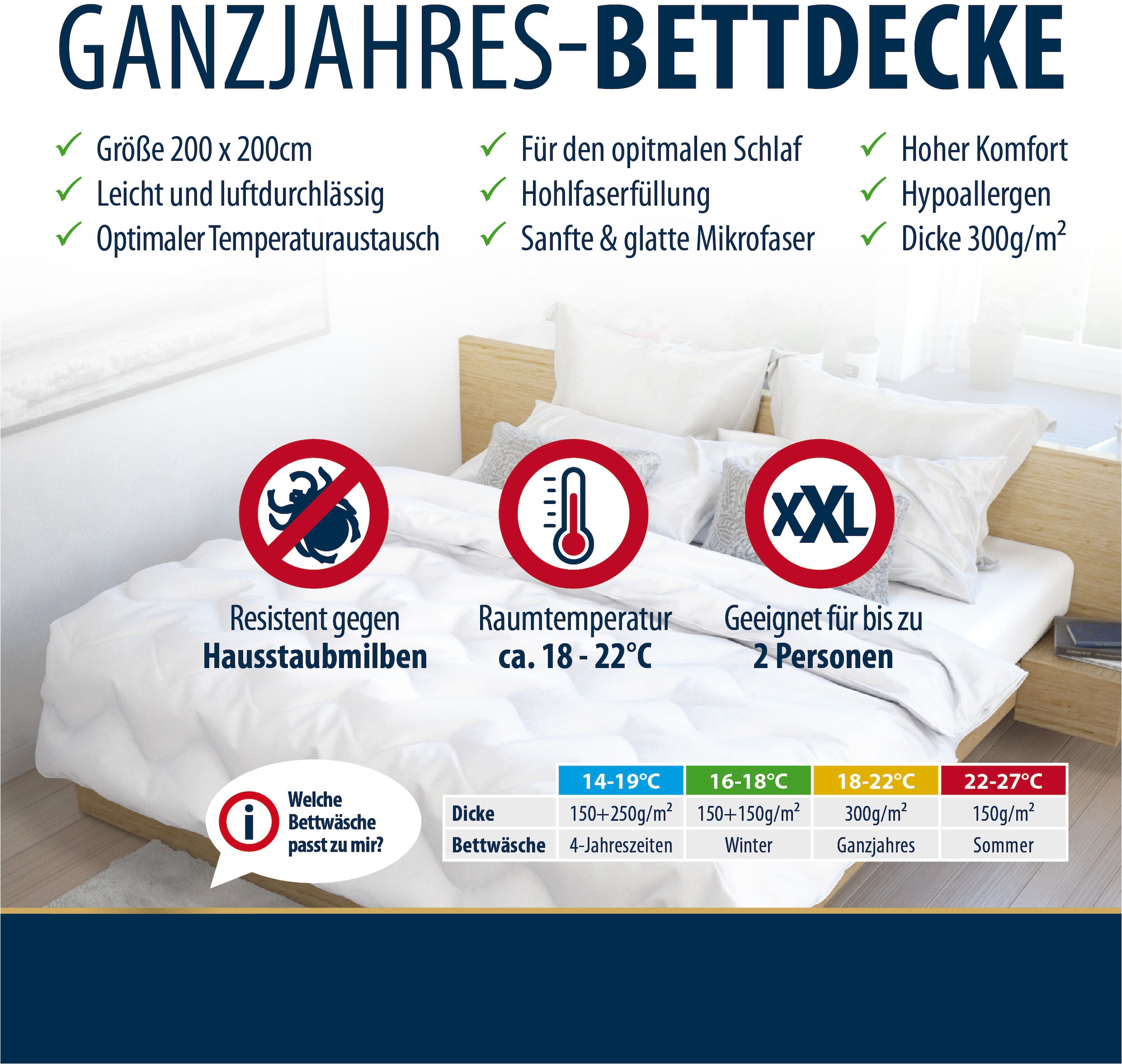 Jekatex Couette microfibre »Bettdecke, Microfaserbettdecke in 200x200 cm« normal Füllung 100 % polyester 1 cuis tlg. Couette toute l'année, adaptée aux allergiques,