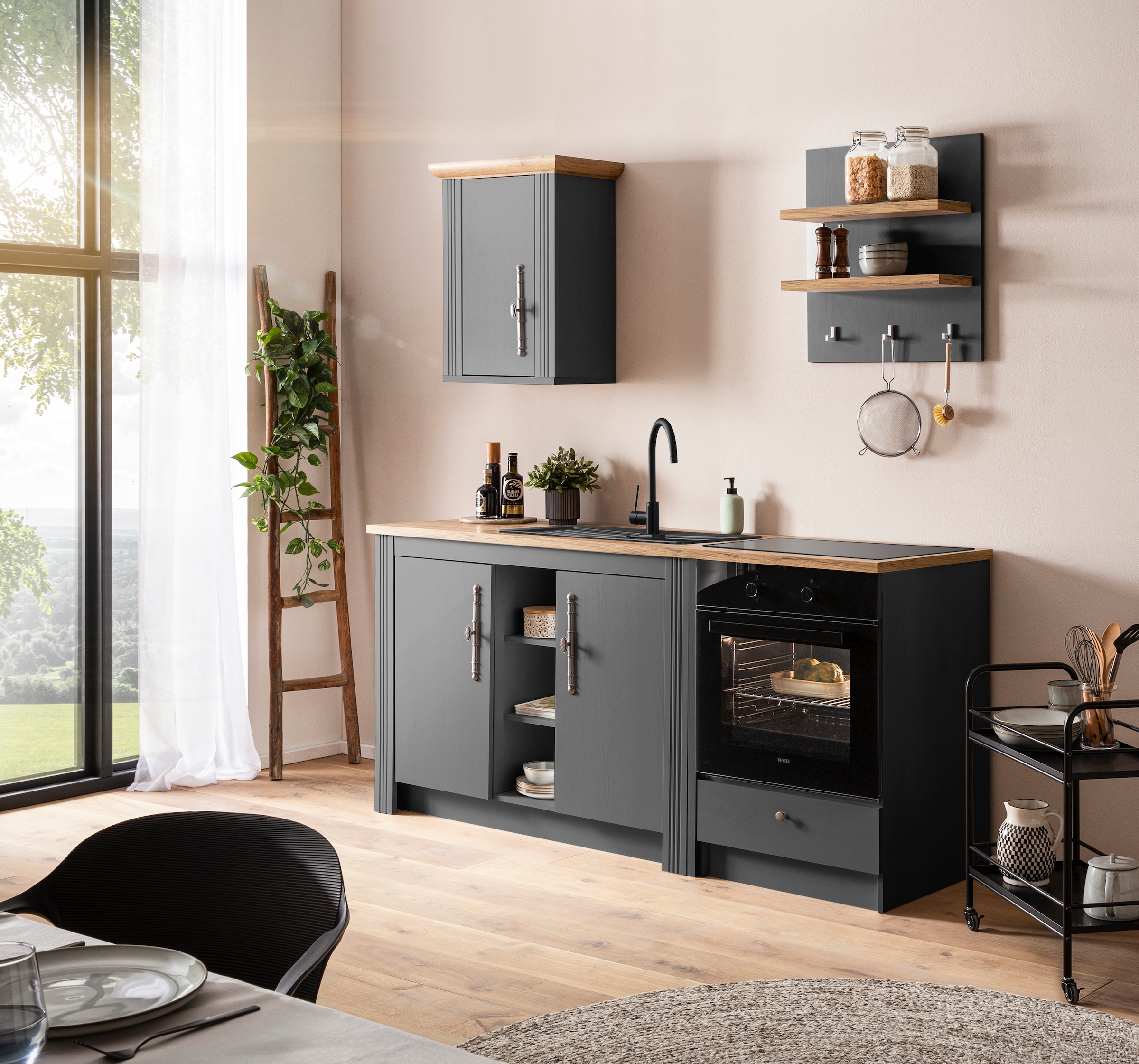 GOODproduct Küchenzeile »KS-Westminster, Pantryküche im Landhaus Stil, hochwertige Metallgriffe« Set,  Breite 194 cm, Kommode, Wandpaneel, Hängeschrank und Herdumbau
