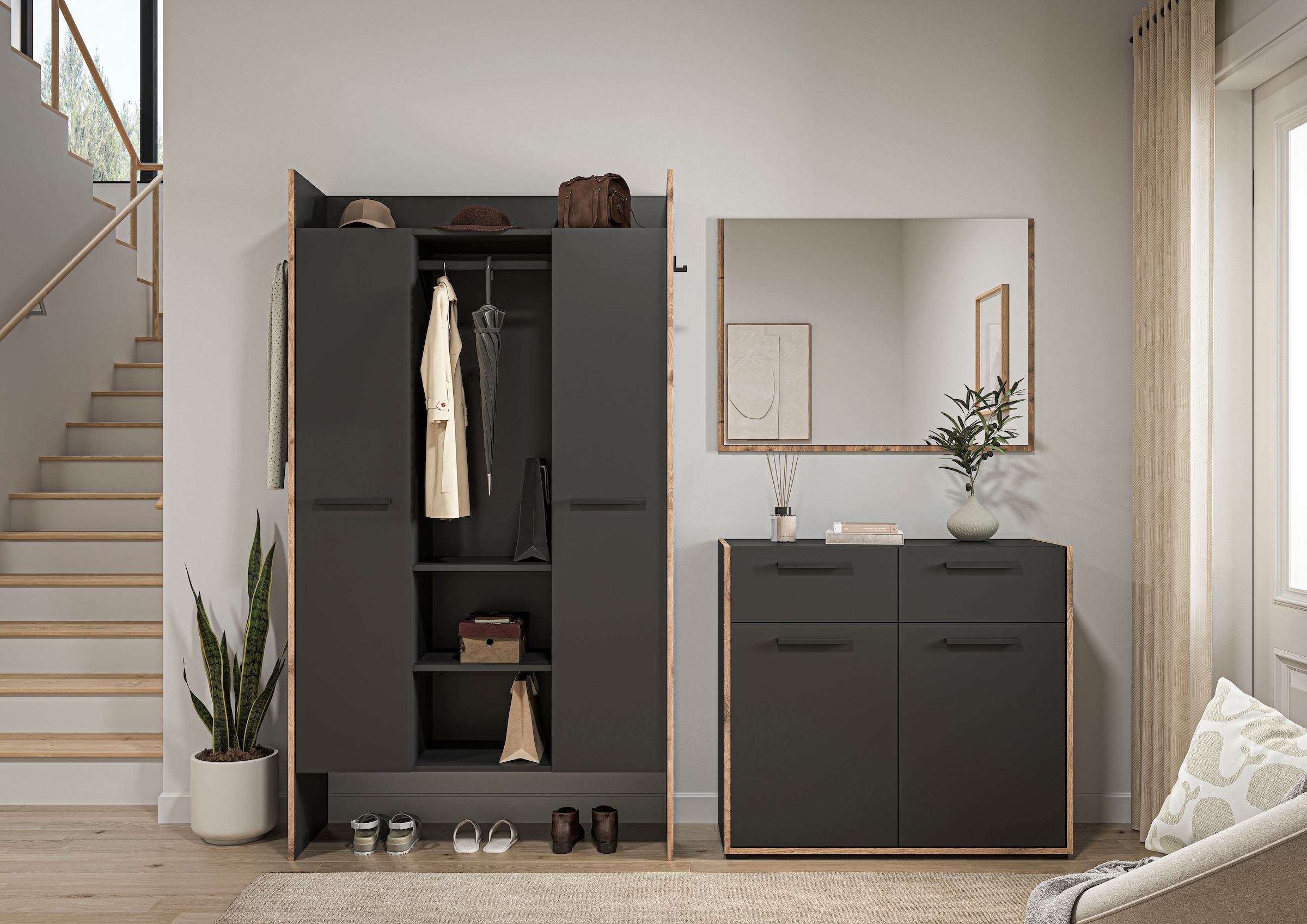 Home affaire Garderoben-Set »MUSTA, 3-teilig: Garderobenschrank, Kommode & Garderobenspiegel«