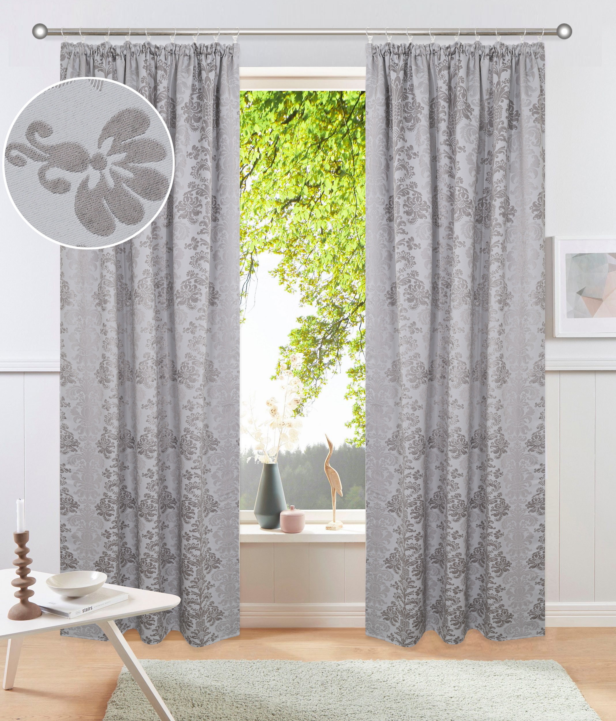 GOODproduct Rideau occultant »Mannfred« Bande volante 1 cuis tlg. opaque, motif baroque, facile d'entretien, suspension à ruban froncé
