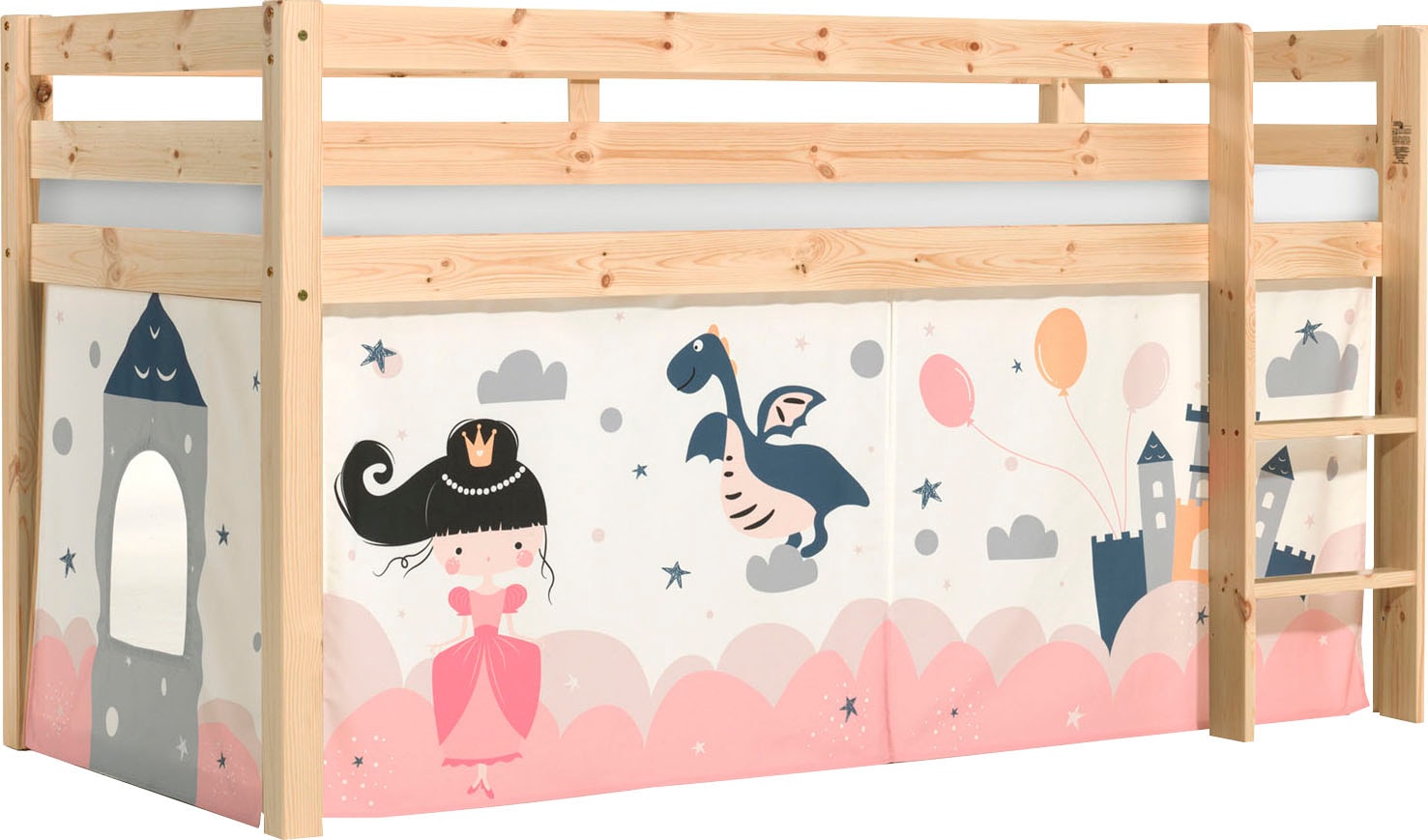Vipack Spielbett »Pino, Kiefer massiv, mit Rolllattenrost u. Textil-Set, Made in Europe« B/H/T ca. 210x114x106cm, mit Leiter und Absturzschutz,  verschiedene Textil Dessins, 3 Gestellfarben zur Wahl