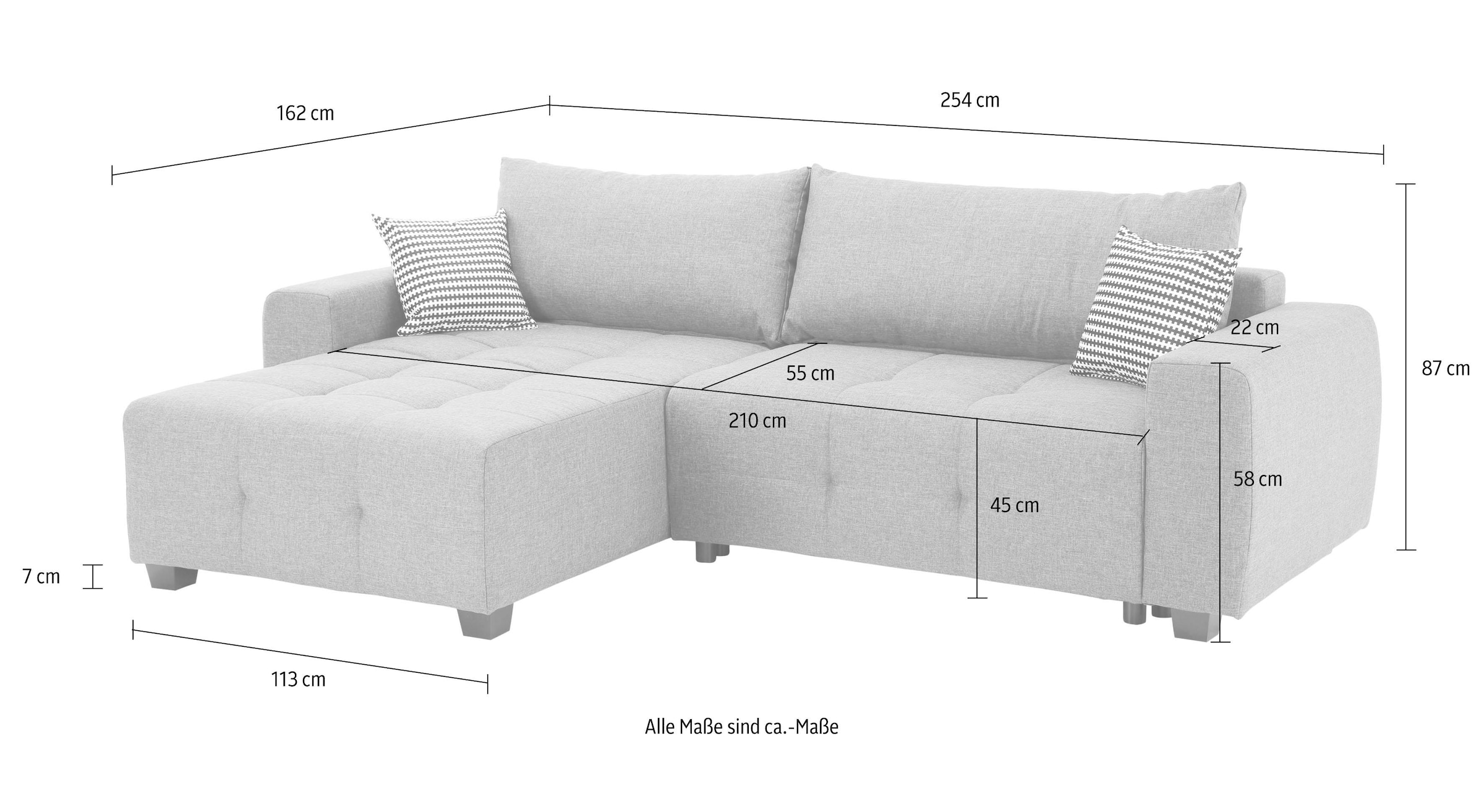 Home affaire Canapé d'angle »Bella L-Form, B: 254 cm« mit 2 Zierkissen, optional Bettfunktion & Bettkasten, Federkern