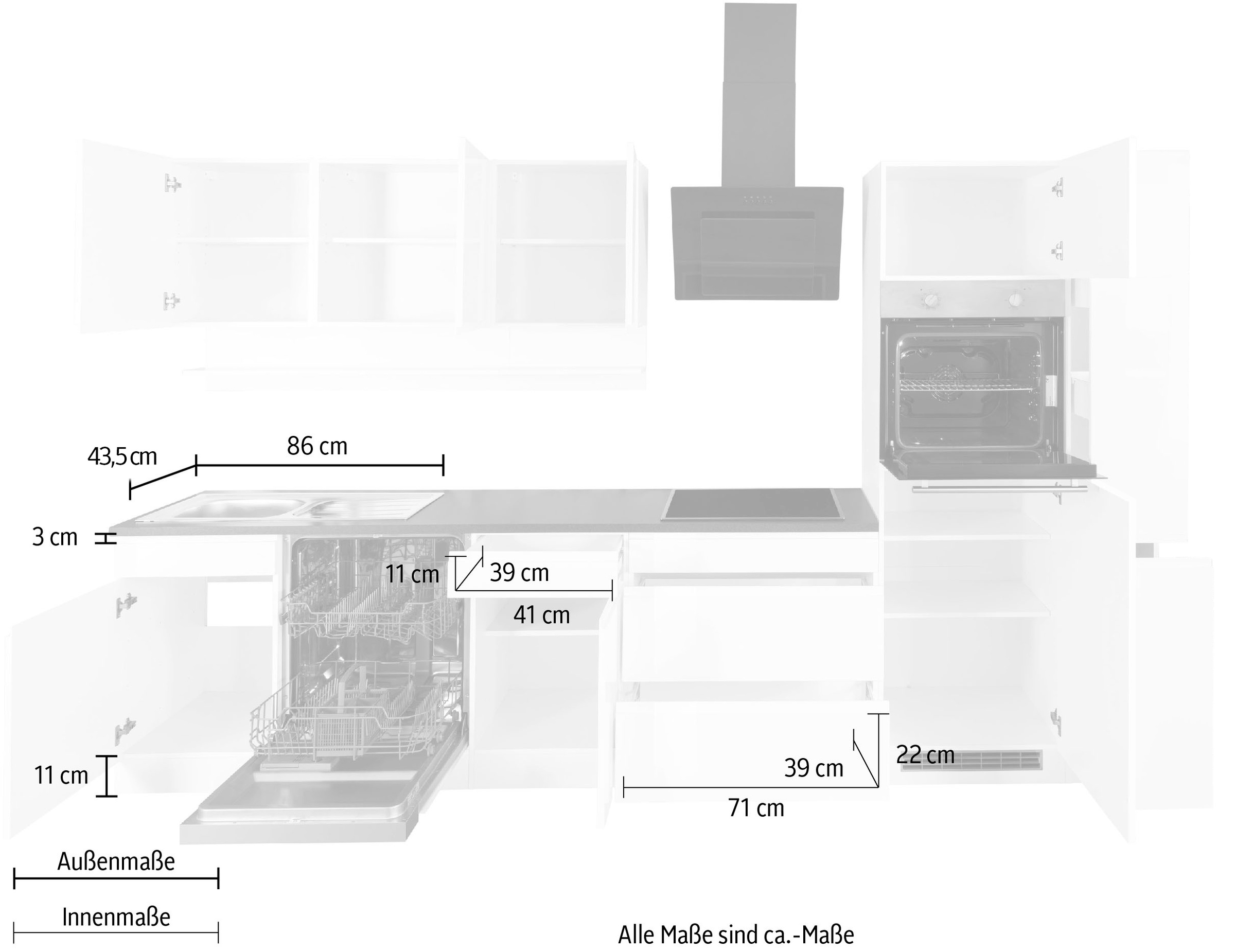 KOCHSTATION Kitchenette »KS-Virginia,neu in verbesserter Ausführung« plan de travail épaisseur 38 mm, rangement, fermeture douce,  largeur 330 cm, soft-close, sans appareils électriques