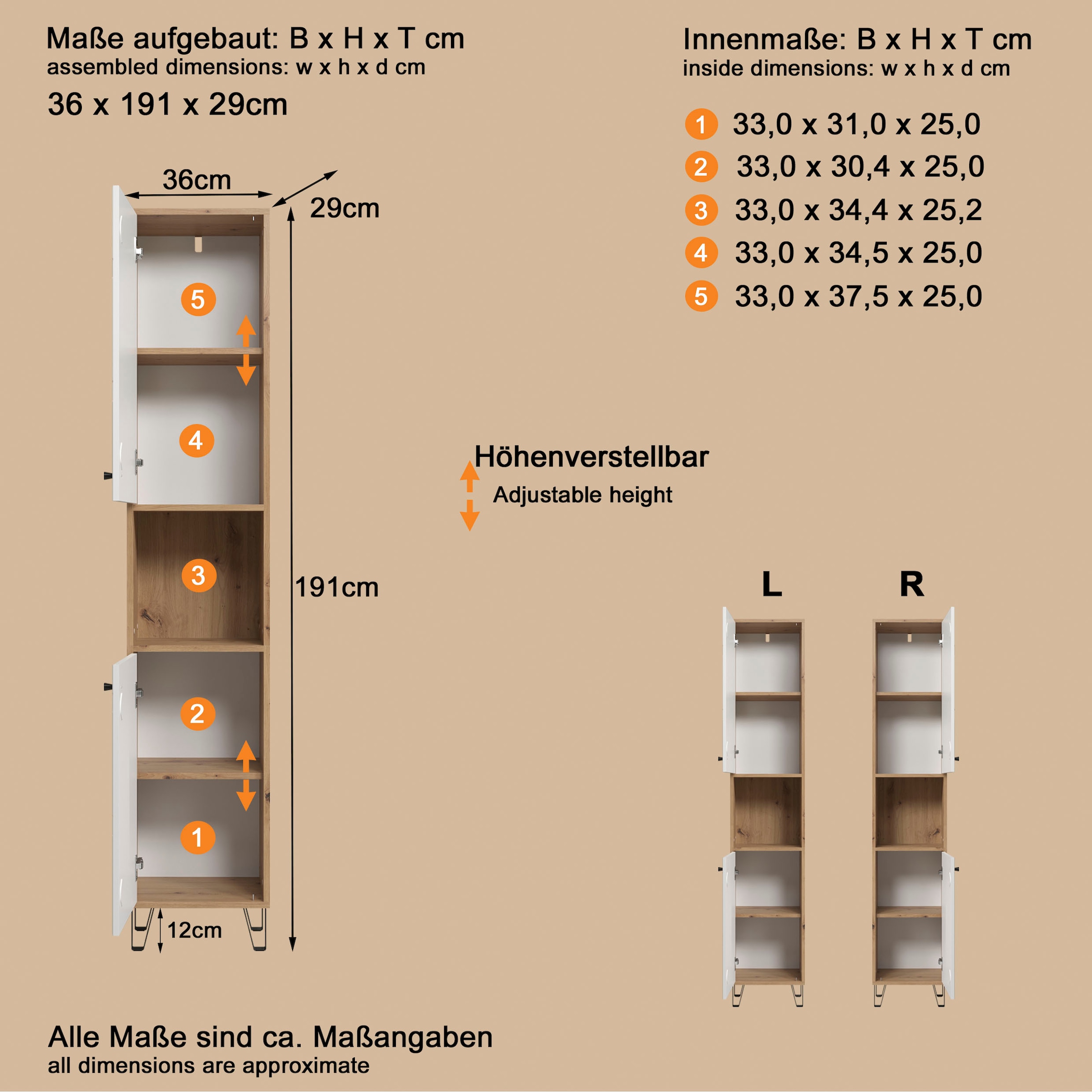welltime Hochschrank »Tarragona« 1 Stk. tlg. Hochschrank mit 1 Tür & 1 Klappe - (B/T/H) 36/29/191 cm