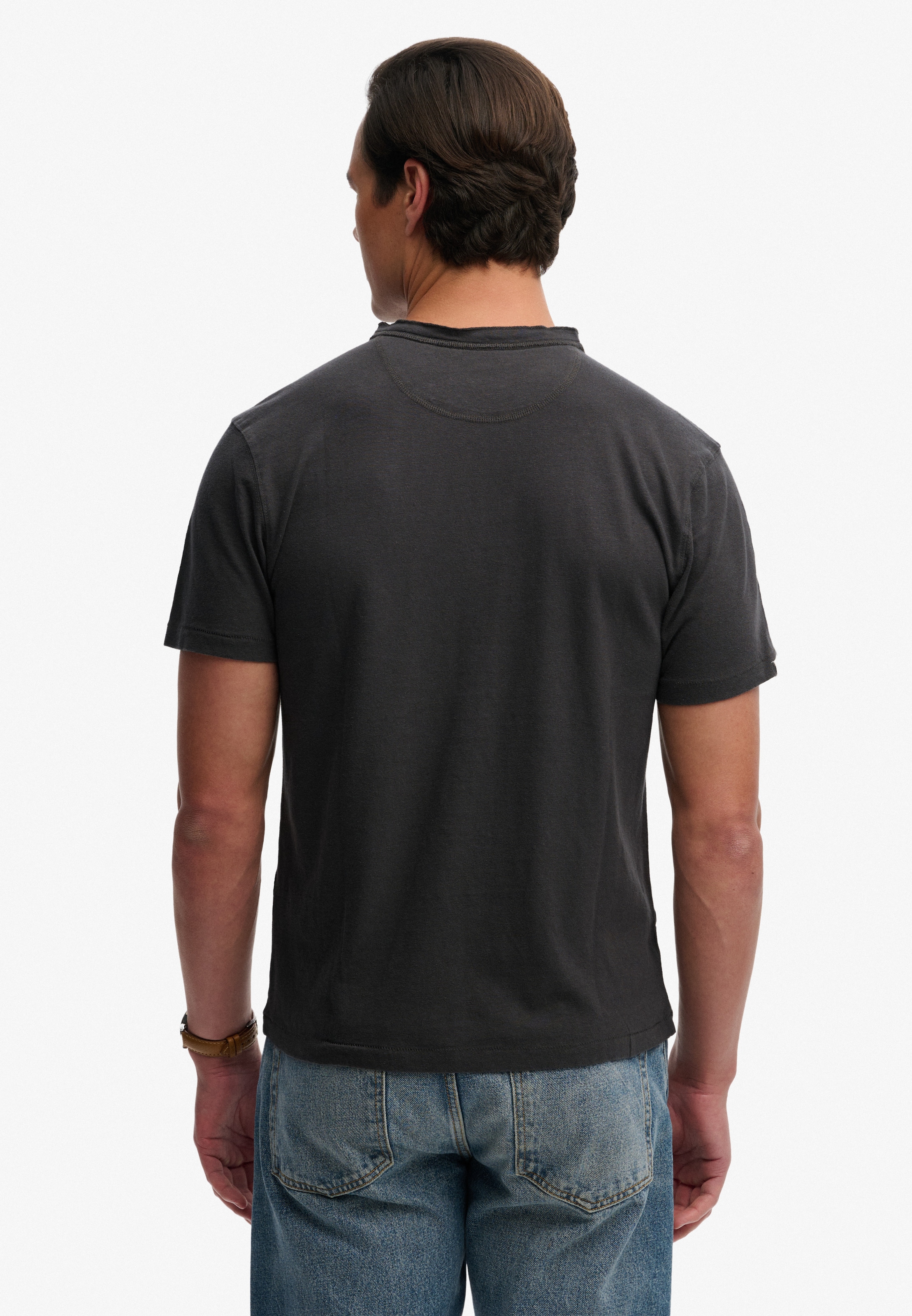 Superdry T-shirt »CLASSIC COTTON LIN SS GRANDAD« avec étiquette de marque, en coton et lin, en jersey simple, manches courtes