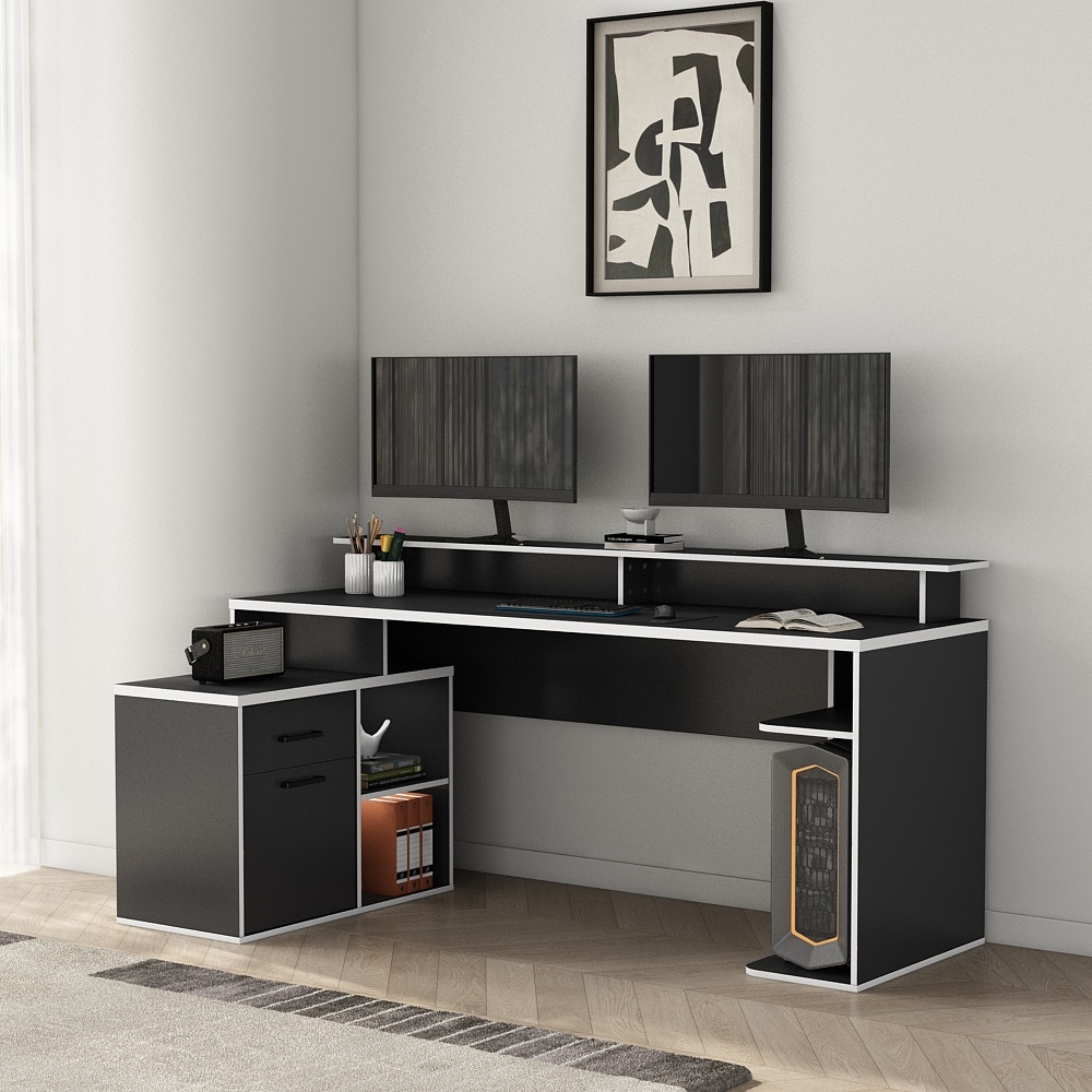 GOODproduct Gamingtisch »Game, Computertisch, Eckschreibtisch« , Towerfach, Kabeldurchlass, Monitoraufsatz, Stauraum, Masse 180x102 cm