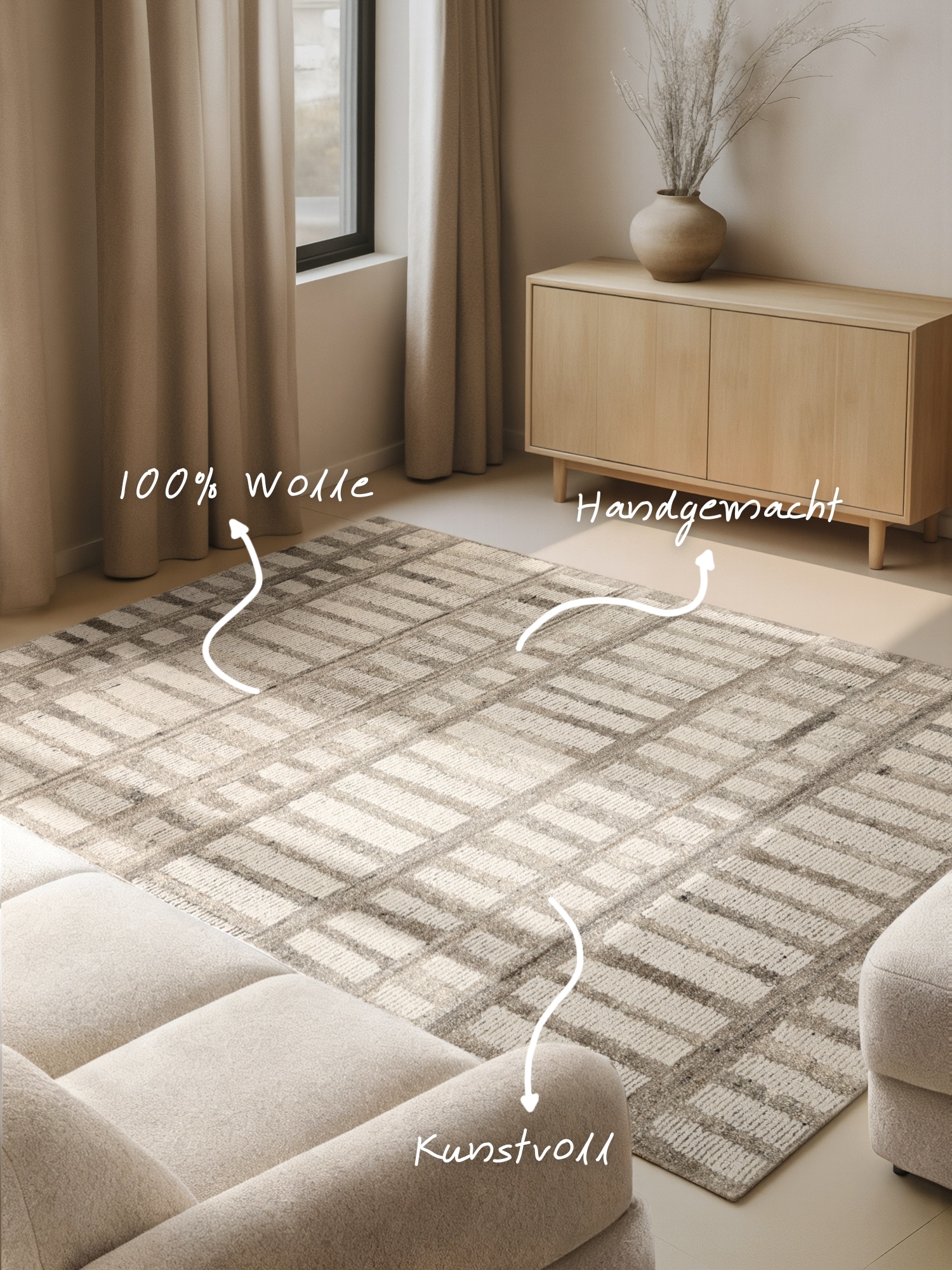 vikosa Tapis en laine »Linara« Rectangulaire 15 mm Höhe Handgemacht, Grafisch, Streifen, Natur, Wolle, Wohnzimmer,Schlafzimmer