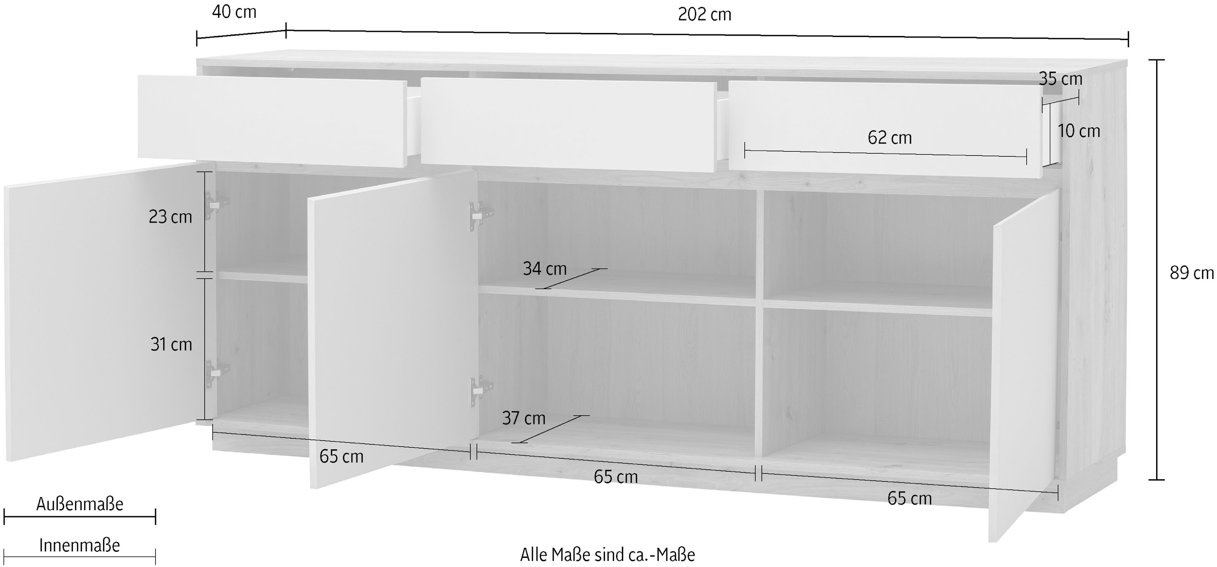 Home affaire Sideboard »Sonora, moderner Schrank, Kommode in Eiche Artisan, 202 cm breit« filigrane Rahmenoptik, ausreichend Stauraum, vielseitig einsetzbar