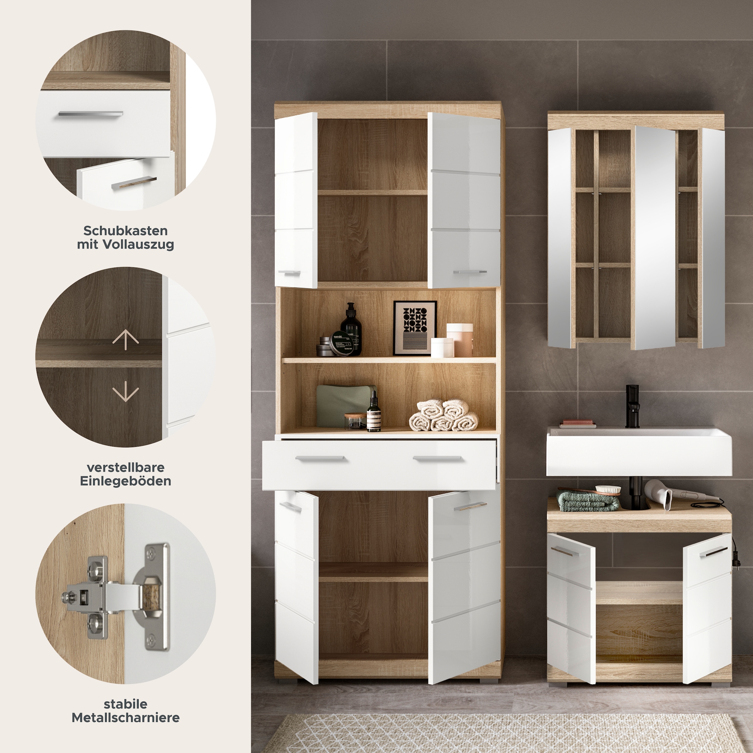 INOSIGN Ensemble de meubles de salle de bain »SIENA, TOPSELLER!, Breite 149cm, 3-teiliges Set« Set, bestehend aus: Hochschrank, Waschbeckenunterschrank & Spiegelschrank, 3 cuis tlg.