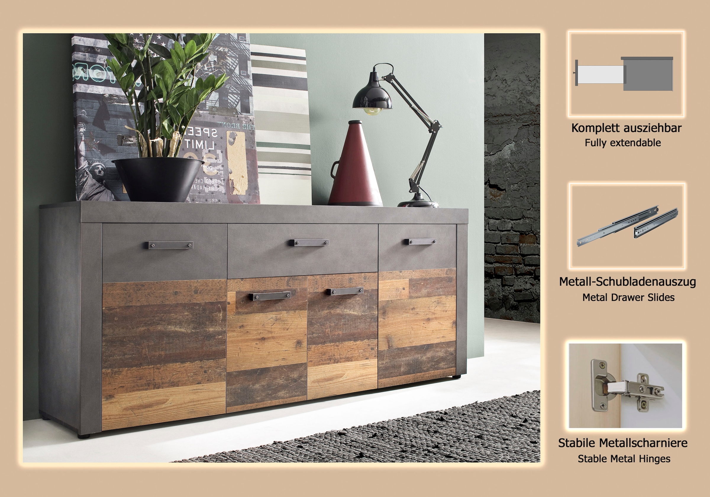 INOSIGN Sideboard »Ilana« Sideboard mit 4 Türen & 1 Schublade - (B/T/H) 178/40/76 cm