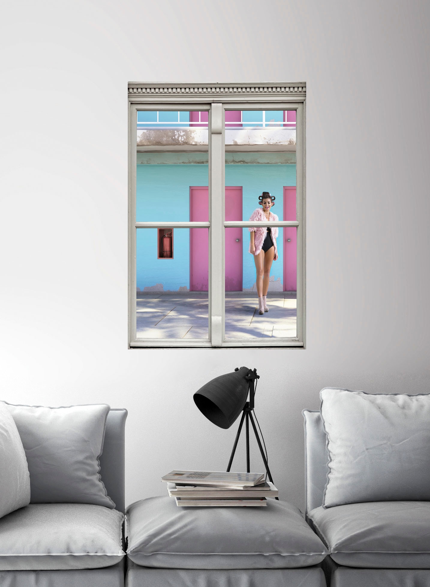 queence Wandsticker »Frau vor Hauswand« Wandsticker, Wandbild, selbstklebend, 3D, Fenster