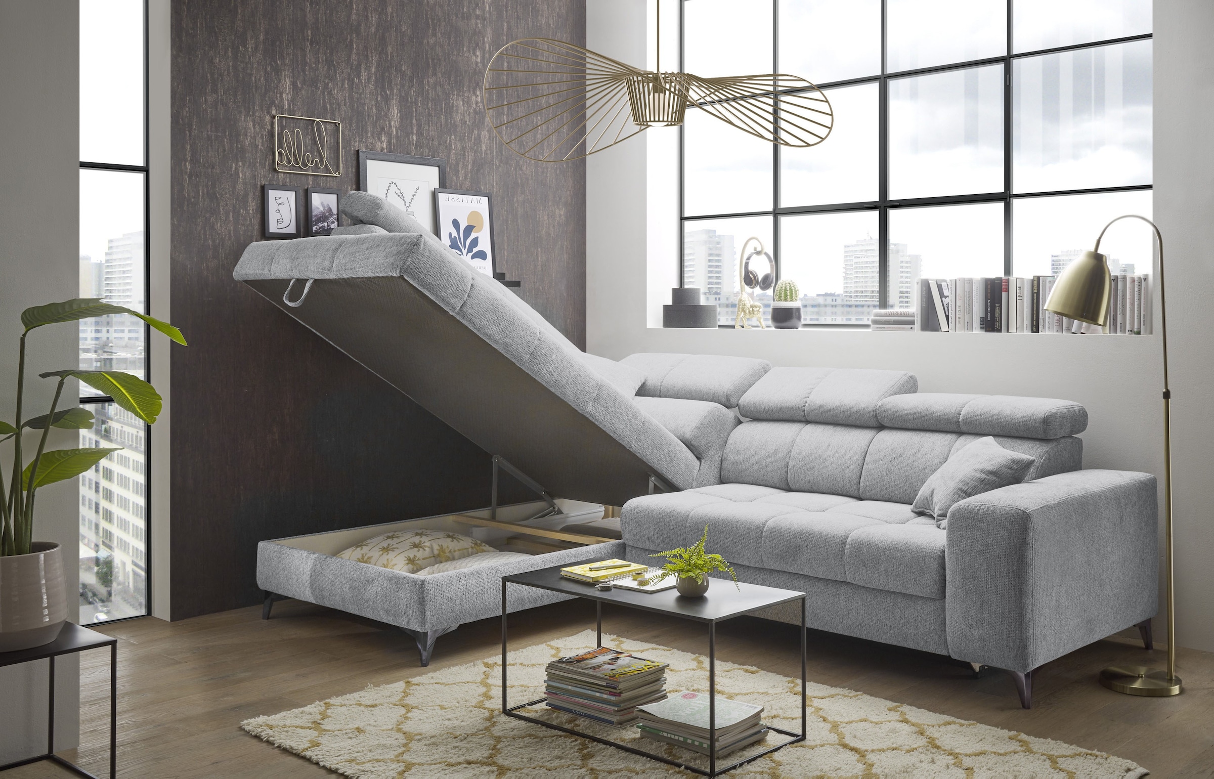 ED EXCITING DESIGN Canapé d'angle »Sydney L-Form« mit Bettfunktion, Bettkasten, Kopfteilverstellung & 2 Zierkissen