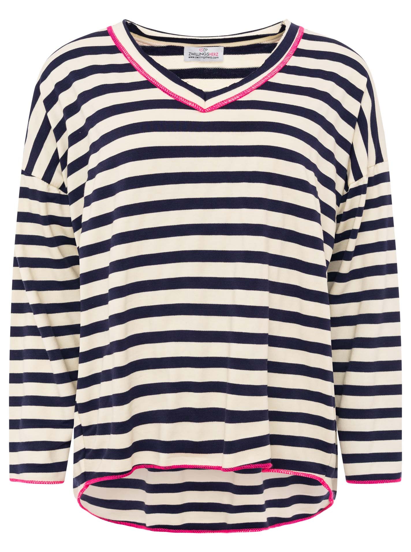 Zwillingsherz Sweat-shirt »"Neon Streifen"«, offene Kanten für Used-Look, One-Size, Kontrastnaht, V-Neck

